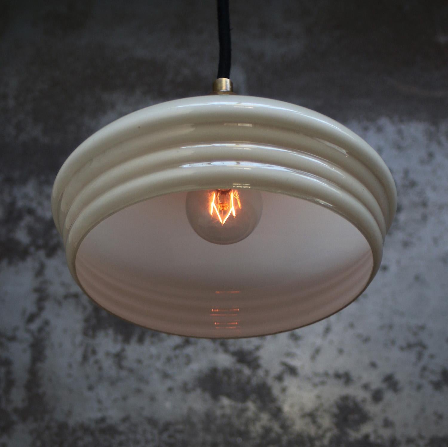 Art Nouveau French “Clichy” Grey Beige Reeded Glass Pendant Lamps For Sale