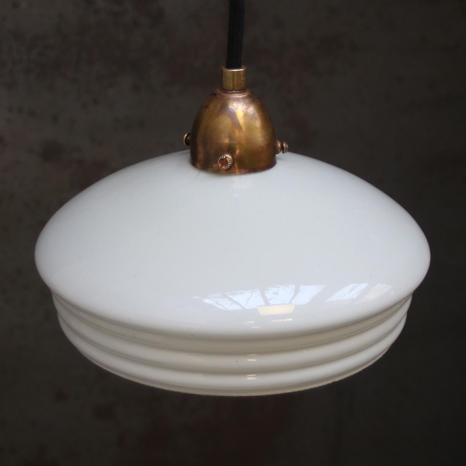 Brass French “Clichy” Grey Beige Reeded Glass Pendant Lamps For Sale