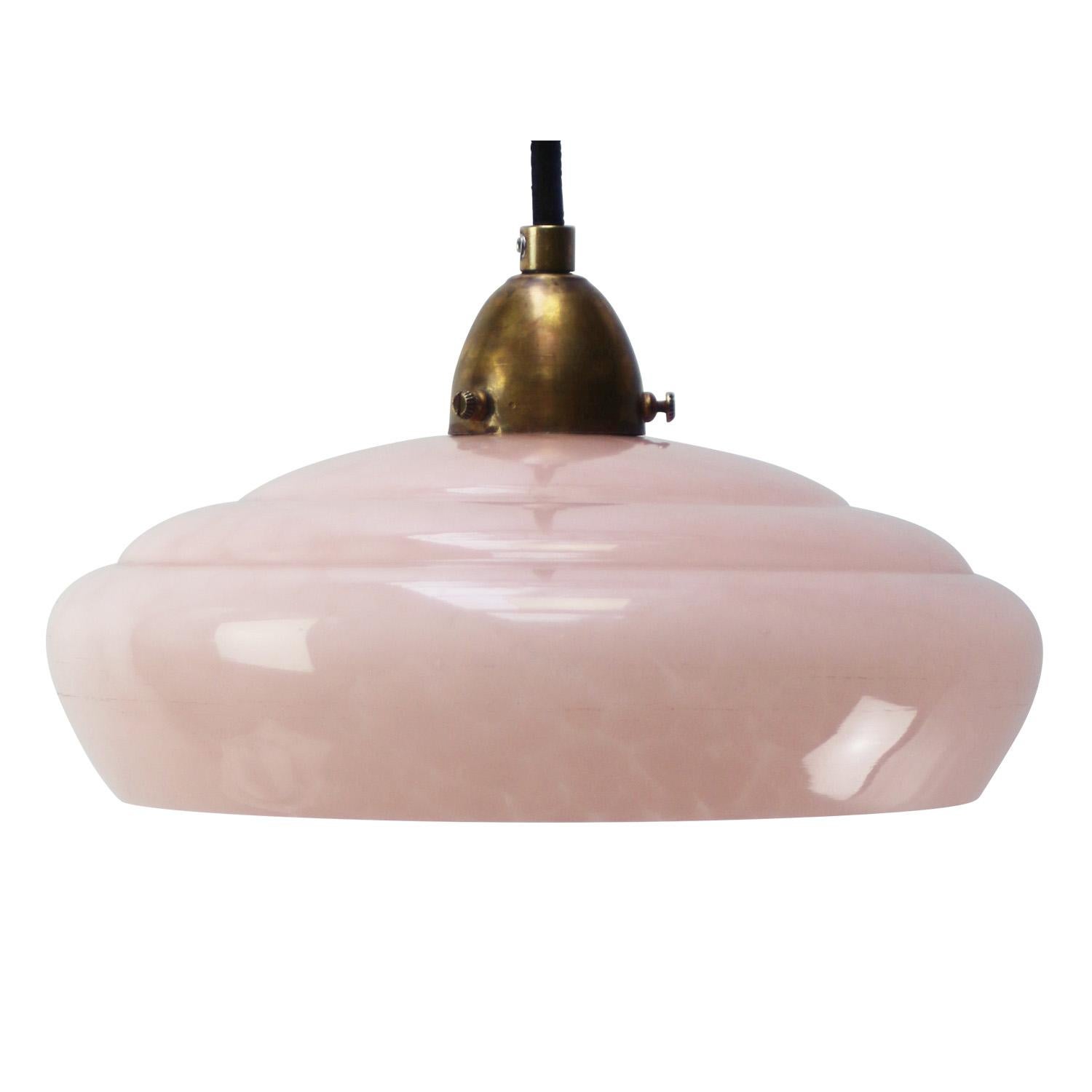 French “Clichy” pink colored reeded glass pendant lamp
2 meter black cotton flex

E14 bulb holder

Weight : 0.50 kg / 1.1 lb

E14 bulb holder. Priced per individual item. All lamps have been made suitable by international standards for incandescent