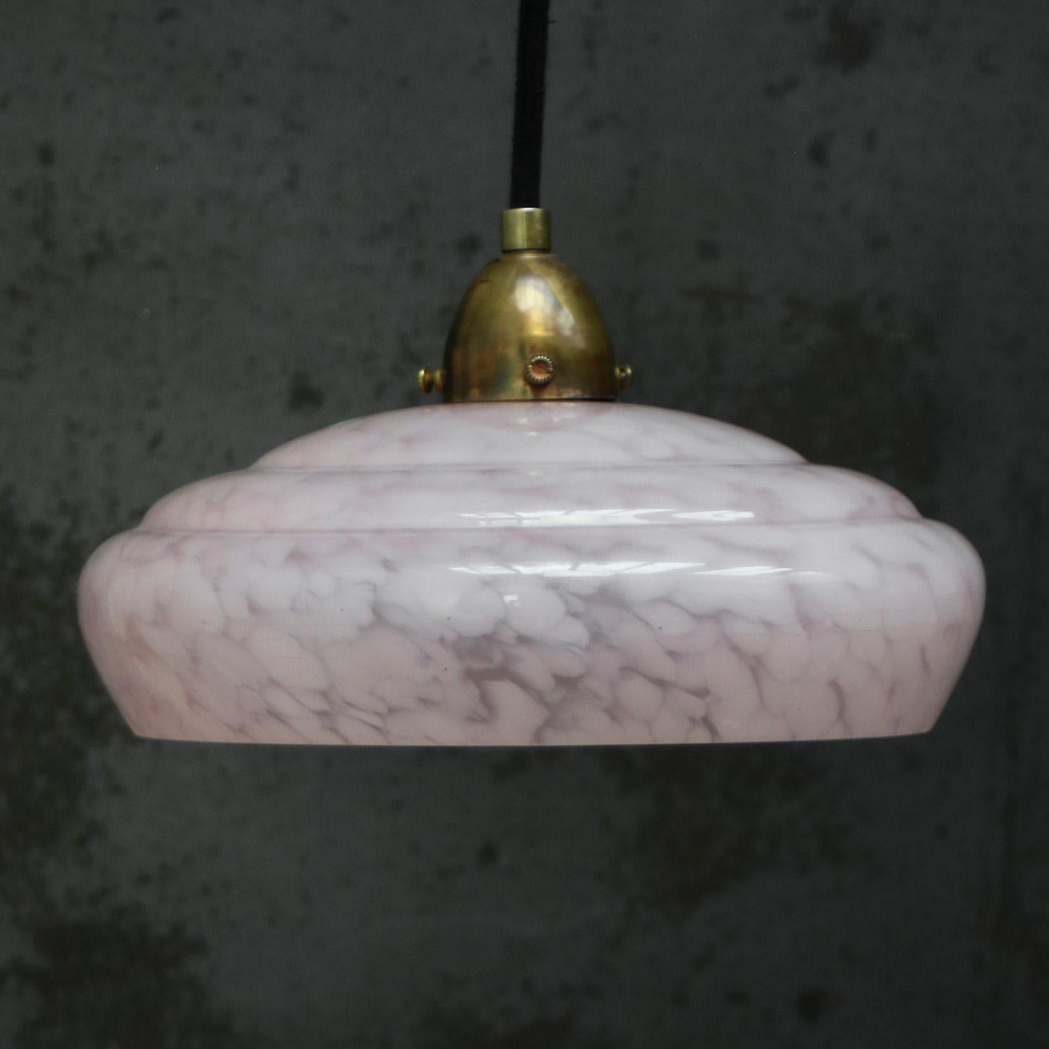 Art Nouveau French “Clichy” Pink Reeded Glass Pendant Lamps For Sale