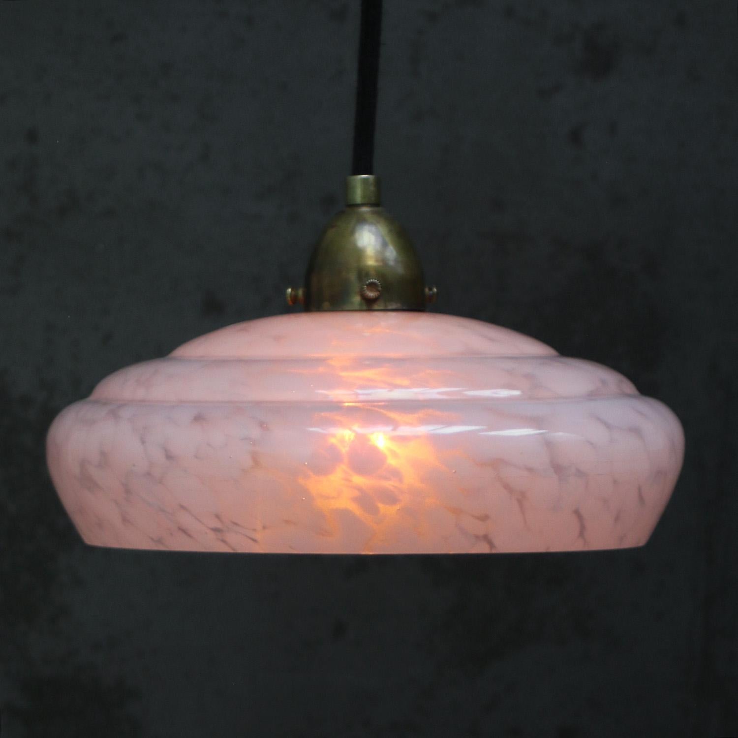 French “Clichy” Pink Reeded Glass Pendant Lamps In Good Condition For Sale In Amsterdam, NL