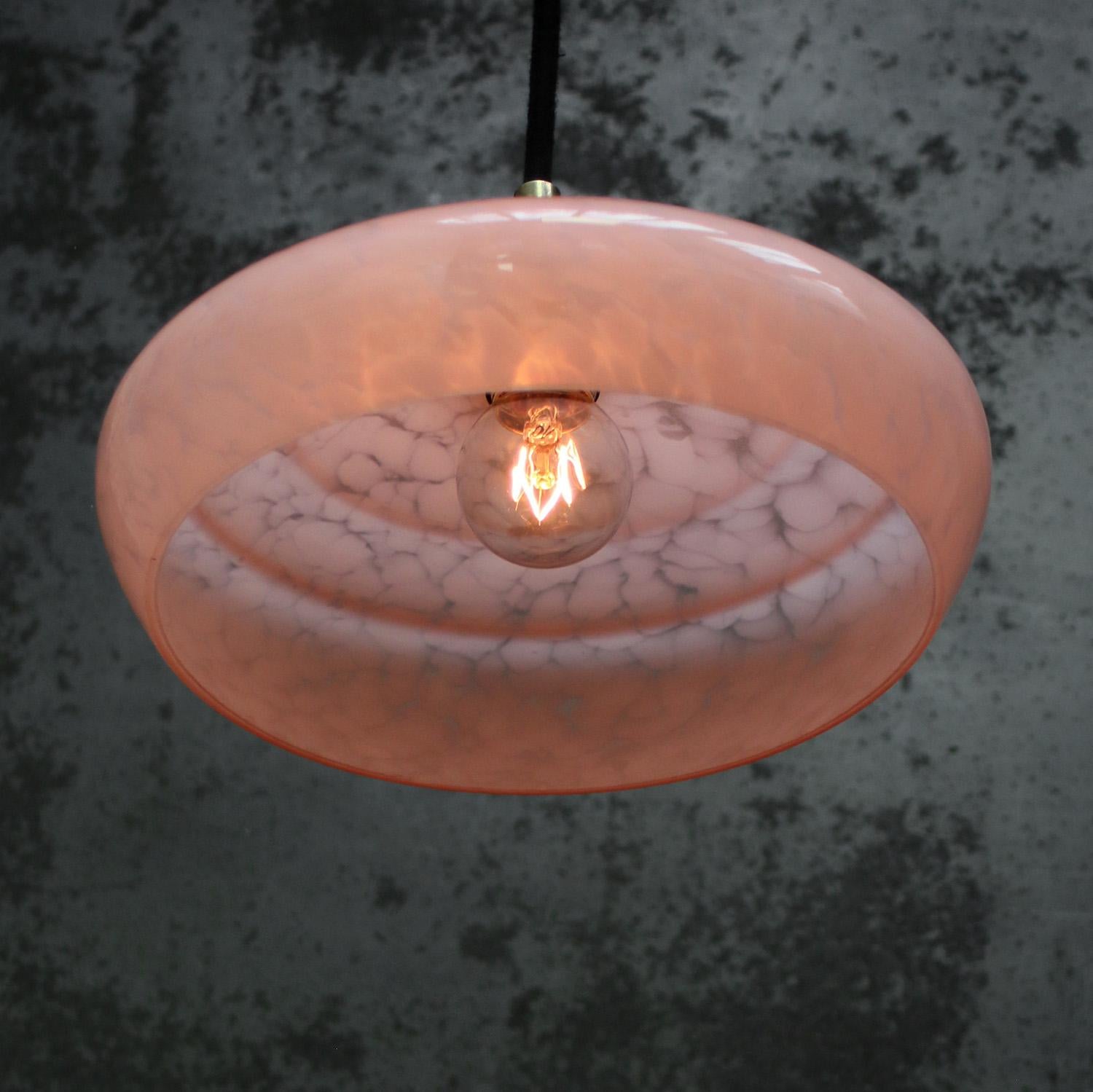 Brass French “Clichy” Pink Reeded Glass Pendant Lamps For Sale