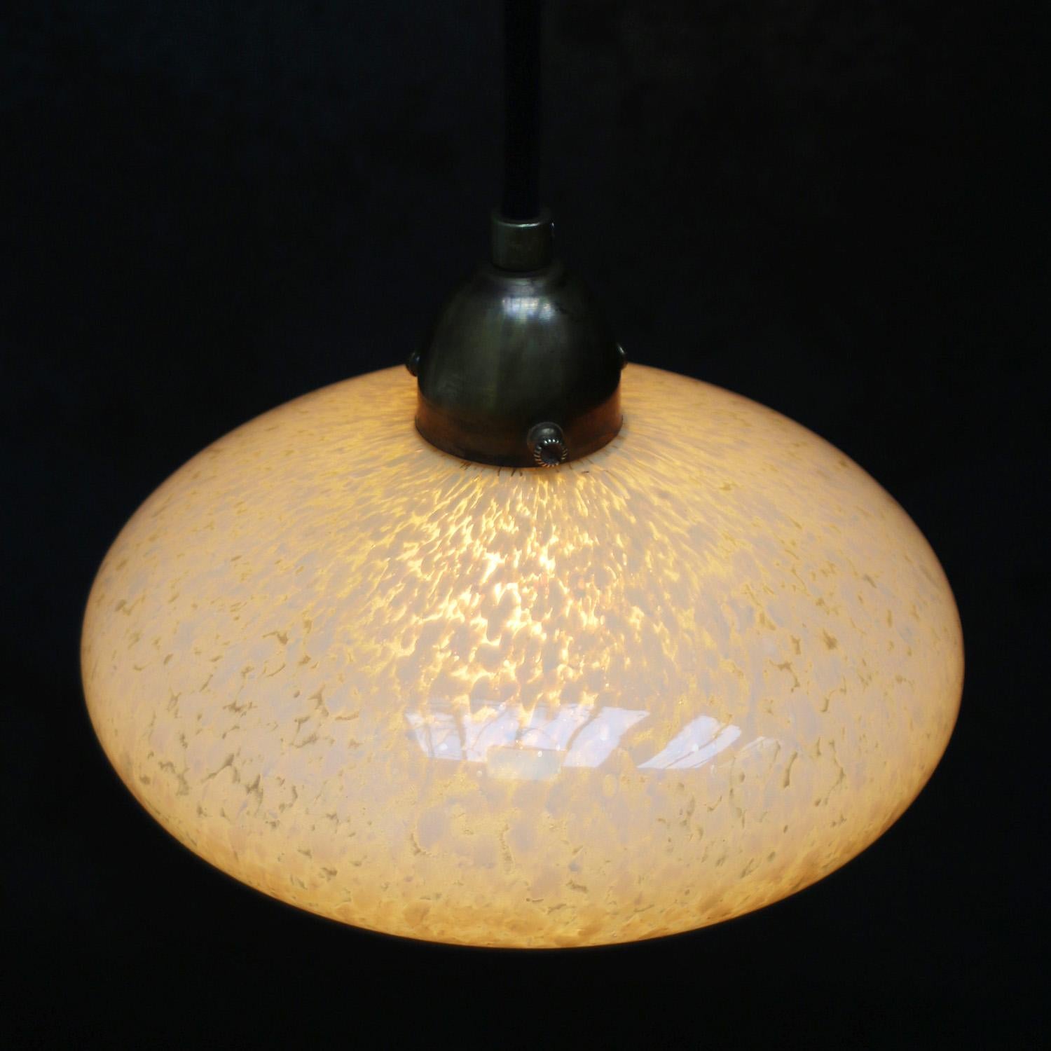 Brass French “Clichy” Yellow Glass Pendant Lamps For Sale