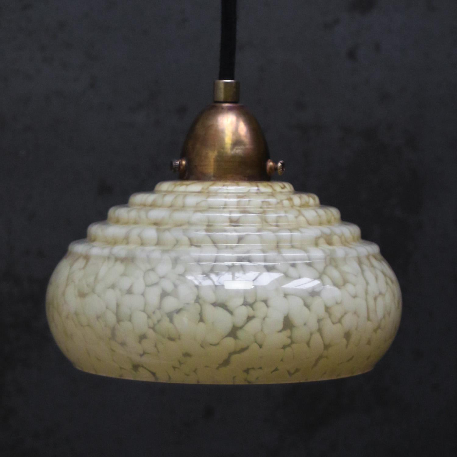 French “Clichy” yellow coloured reeded glass pendant lamp
2 meter black cotton flex

E14 bulb holder

Weight : 0.40 kg / 0.9 lb

E14 bulb holder. Priced per individual item. All lamps have been made suitable by international standards for
