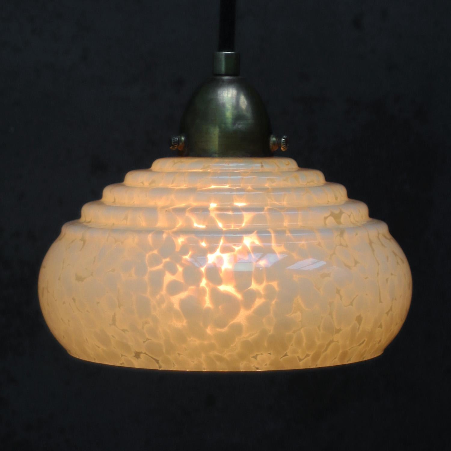 Art Nouveau French “Clichy” Yellow Reeded Glass Pendant Lamps For Sale