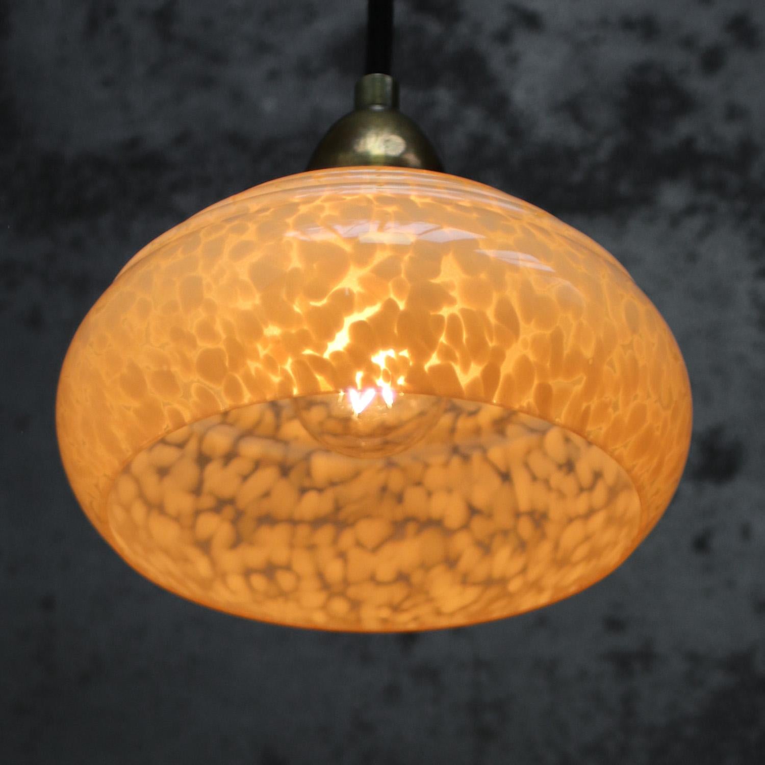 Brass French “Clichy” Yellow Reeded Glass Pendant Lamps For Sale