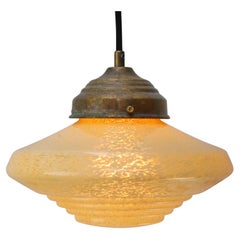 French “Clichy” Yellow Reeded Glass Pendant Light