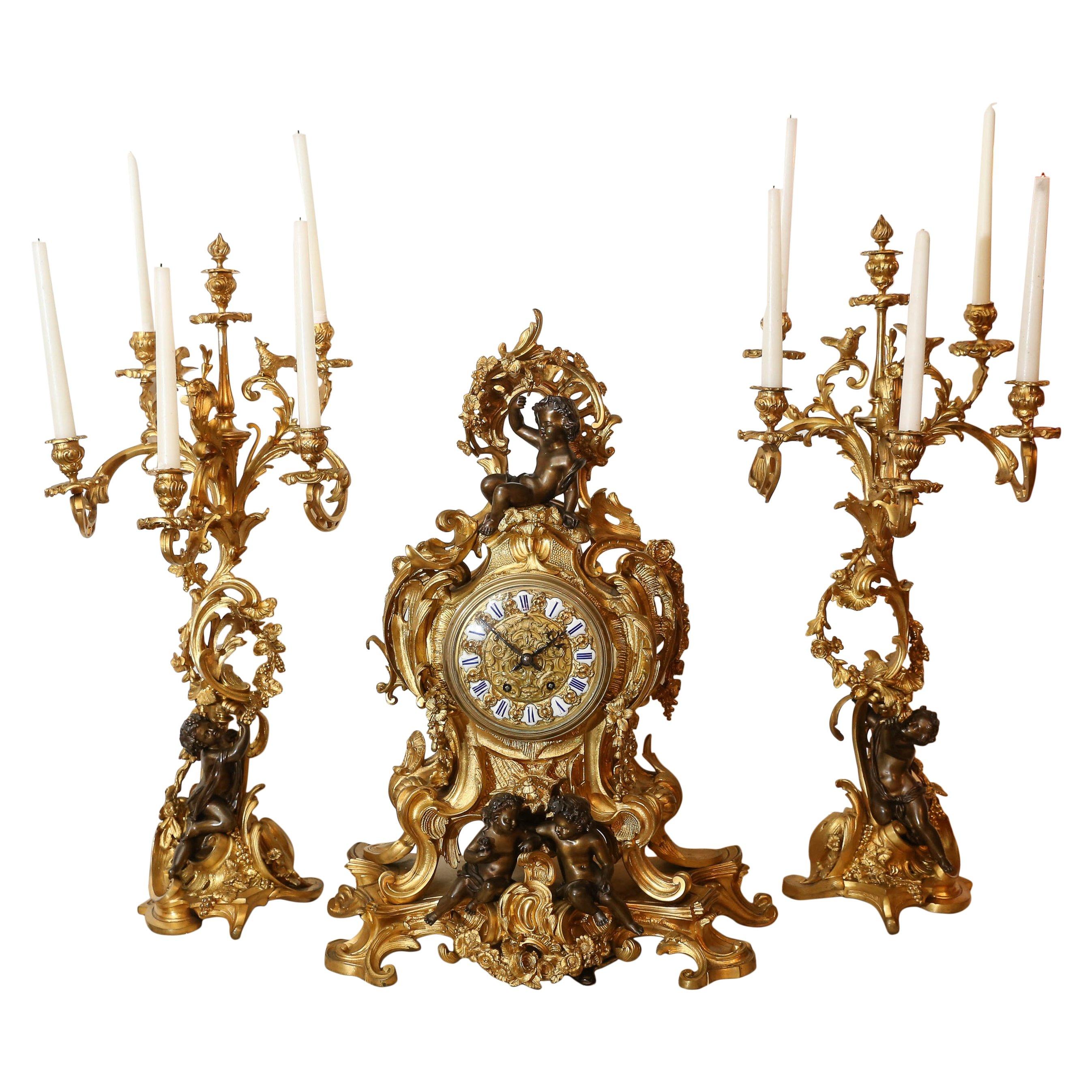French Clock and Candleabrum Grand Scale Garniture Set For Sale