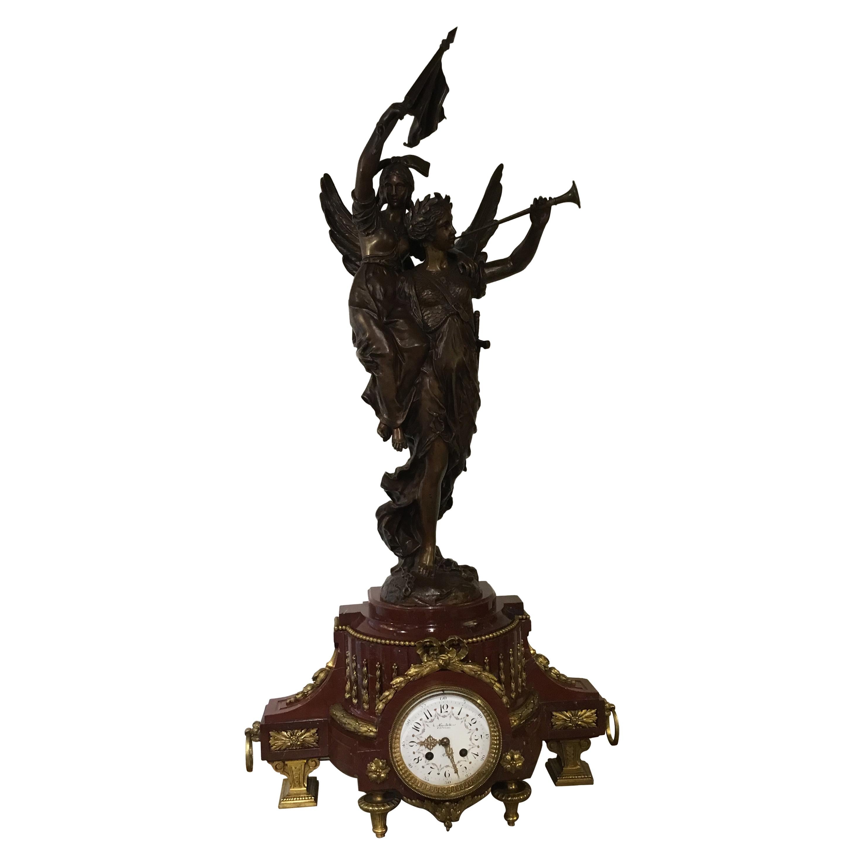 French Clock by H Koudebine, Paris with Figural Bronze by Charles Anfrie
