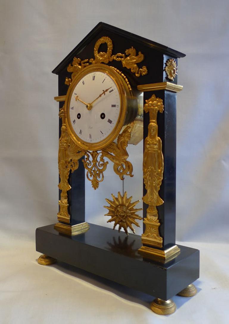 French Clock, Directoire Period, Portico Form, Signed Revel Paris For Sale 1