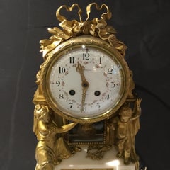 French Clock Garniture Set in White Marble and Bronze Dore