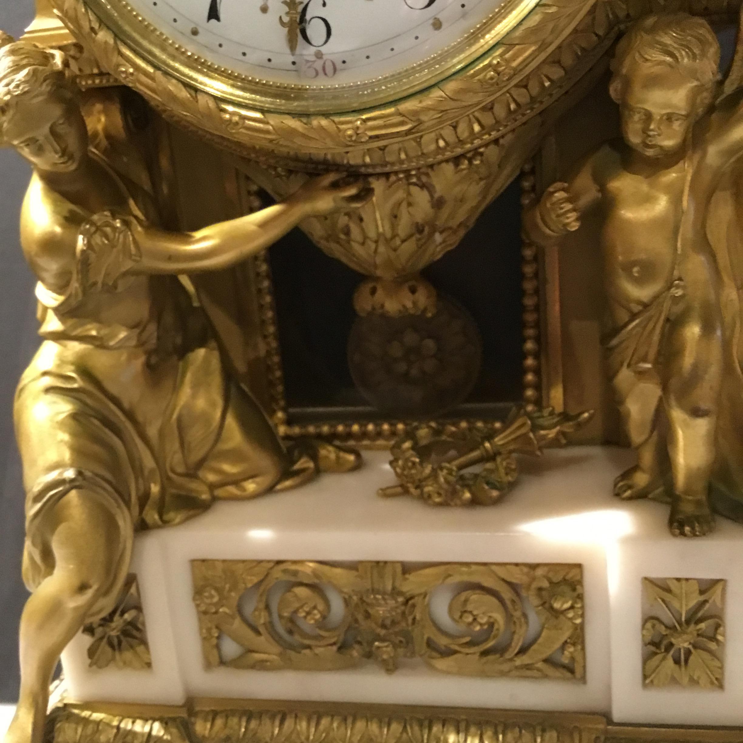 French Clock Garniture Set in White Marble and Bronze Dore In Good Condition In Houston, TX