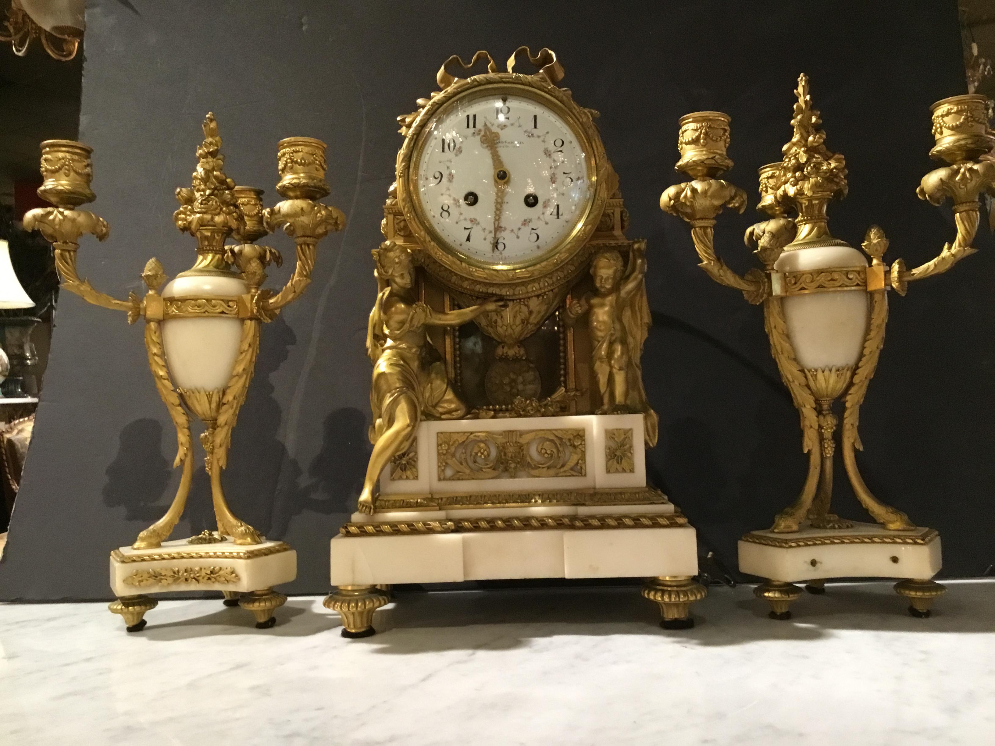 French Clock Garniture Set in White Marble and Bronze Dore 1