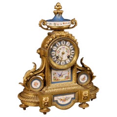 French Clock in Bronze or Brass Gilded with Painted Ceramic, 20th Century