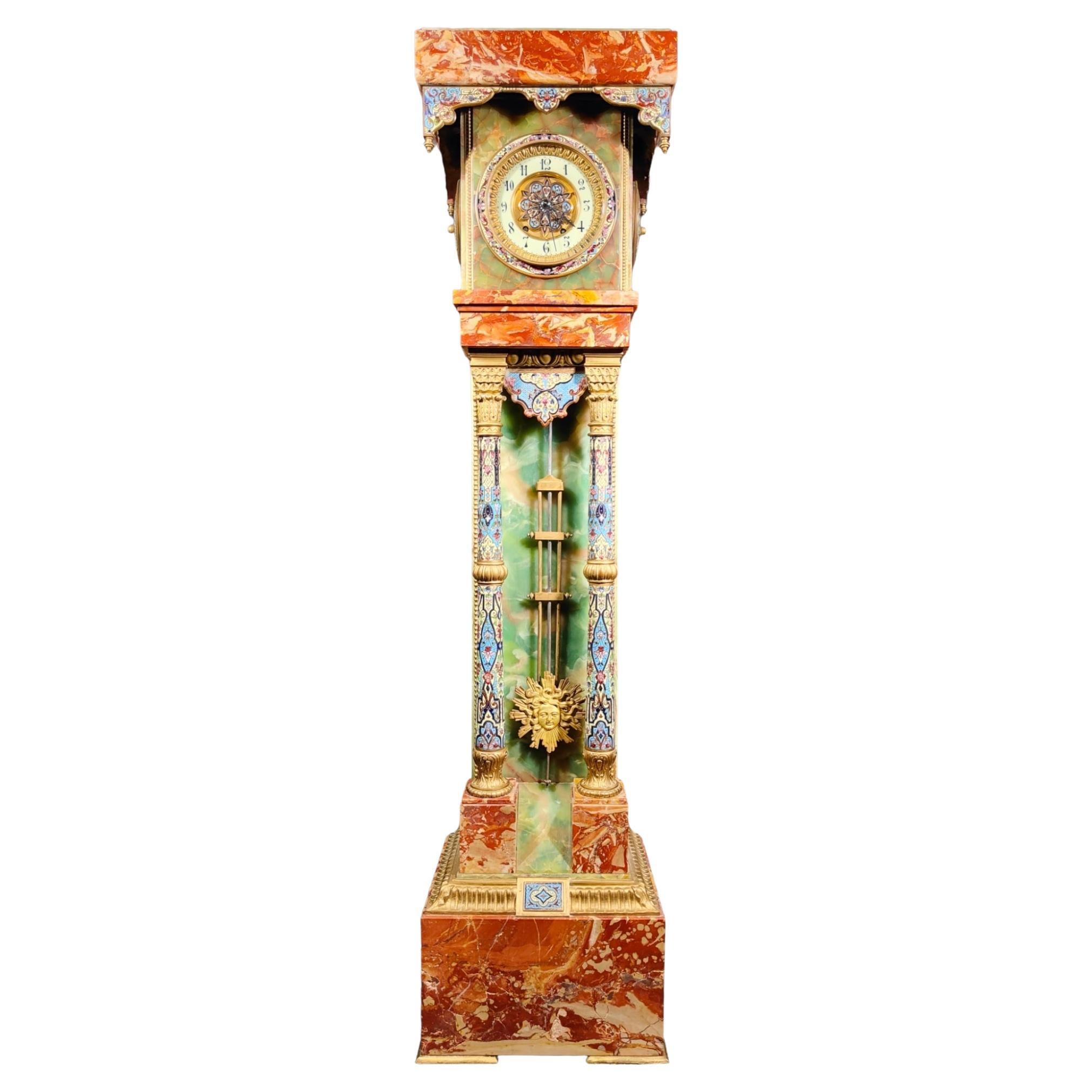 French Clock on Pedestal in Ormolu and Onyx Champlevé Enamel