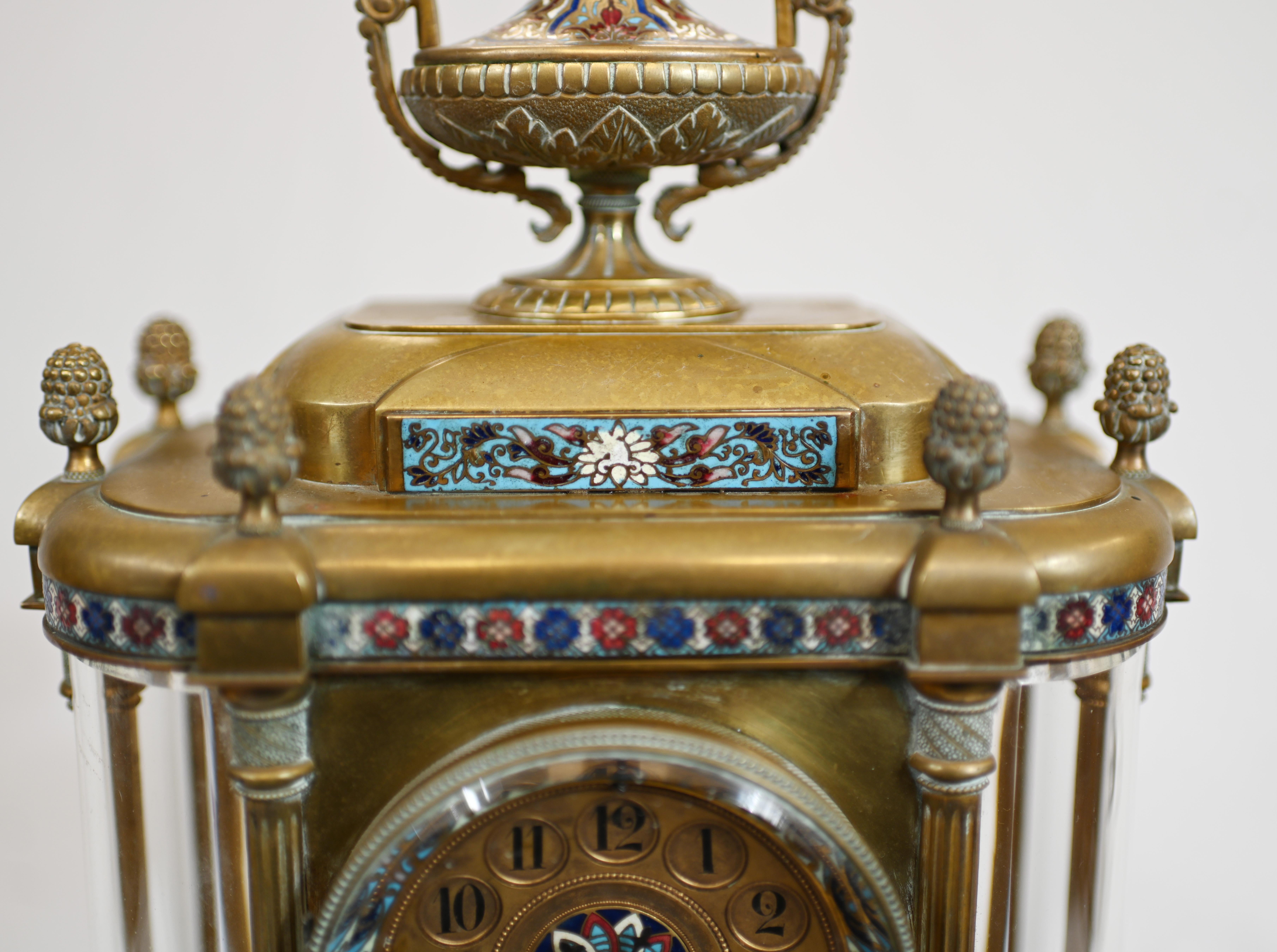 French Clock Set Garniture Champleve Antique Clocks, 1860 In Good Condition In Potters Bar, GB