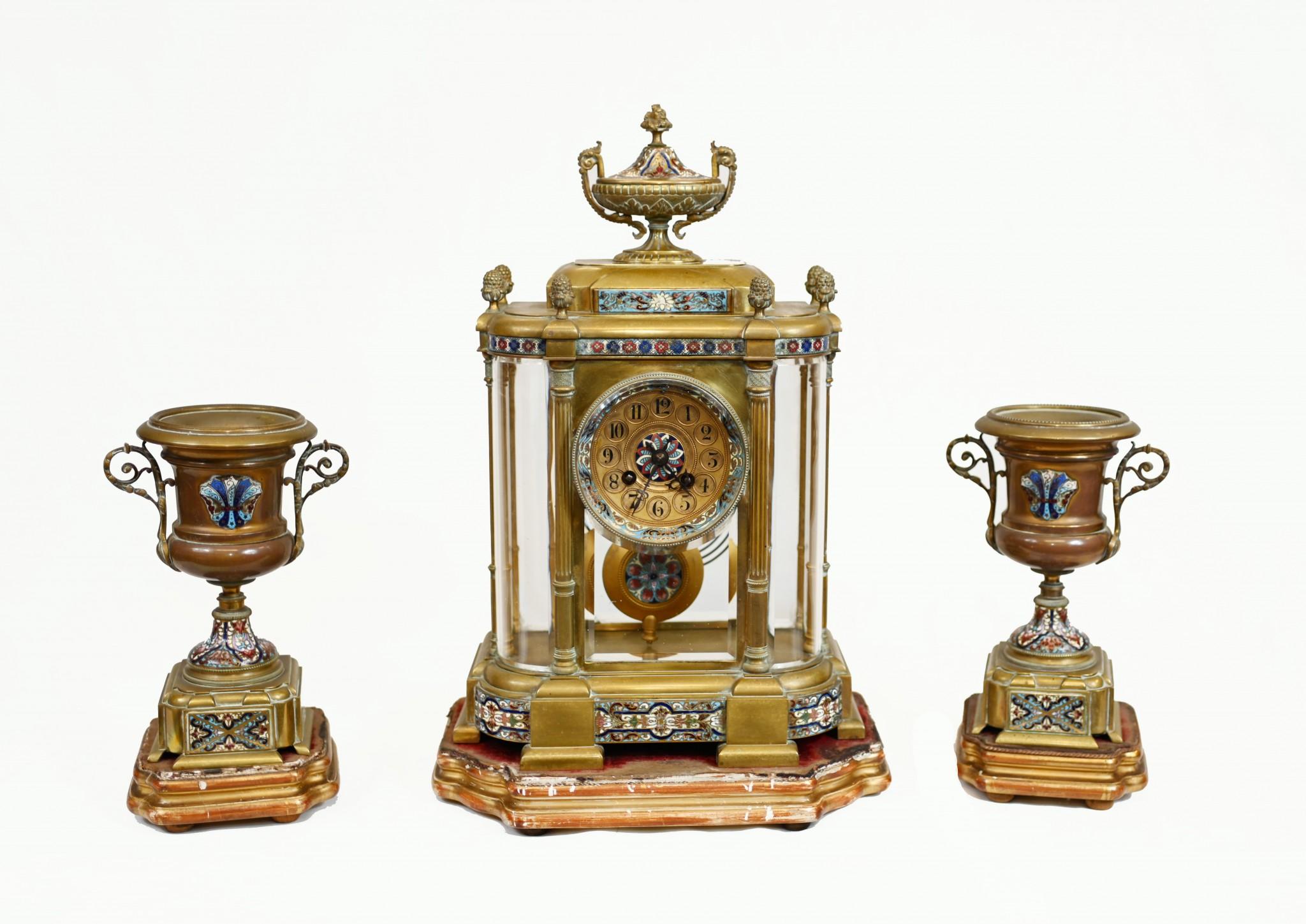 Mid-19th Century French Clock Set Garniture Champleve Antique Clocks, 1860