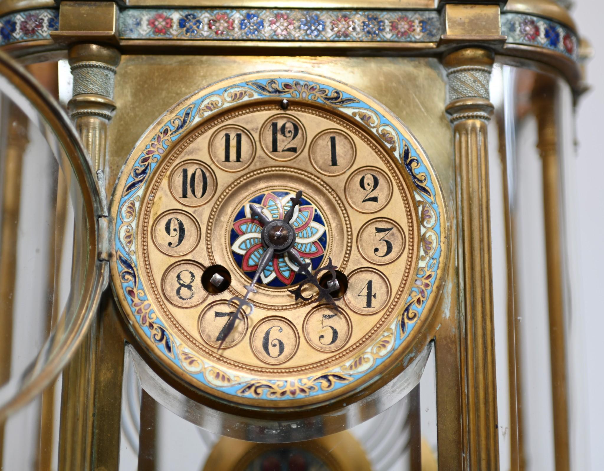 French Clock Set Garniture Champleve Antique Clocks, 1860 2