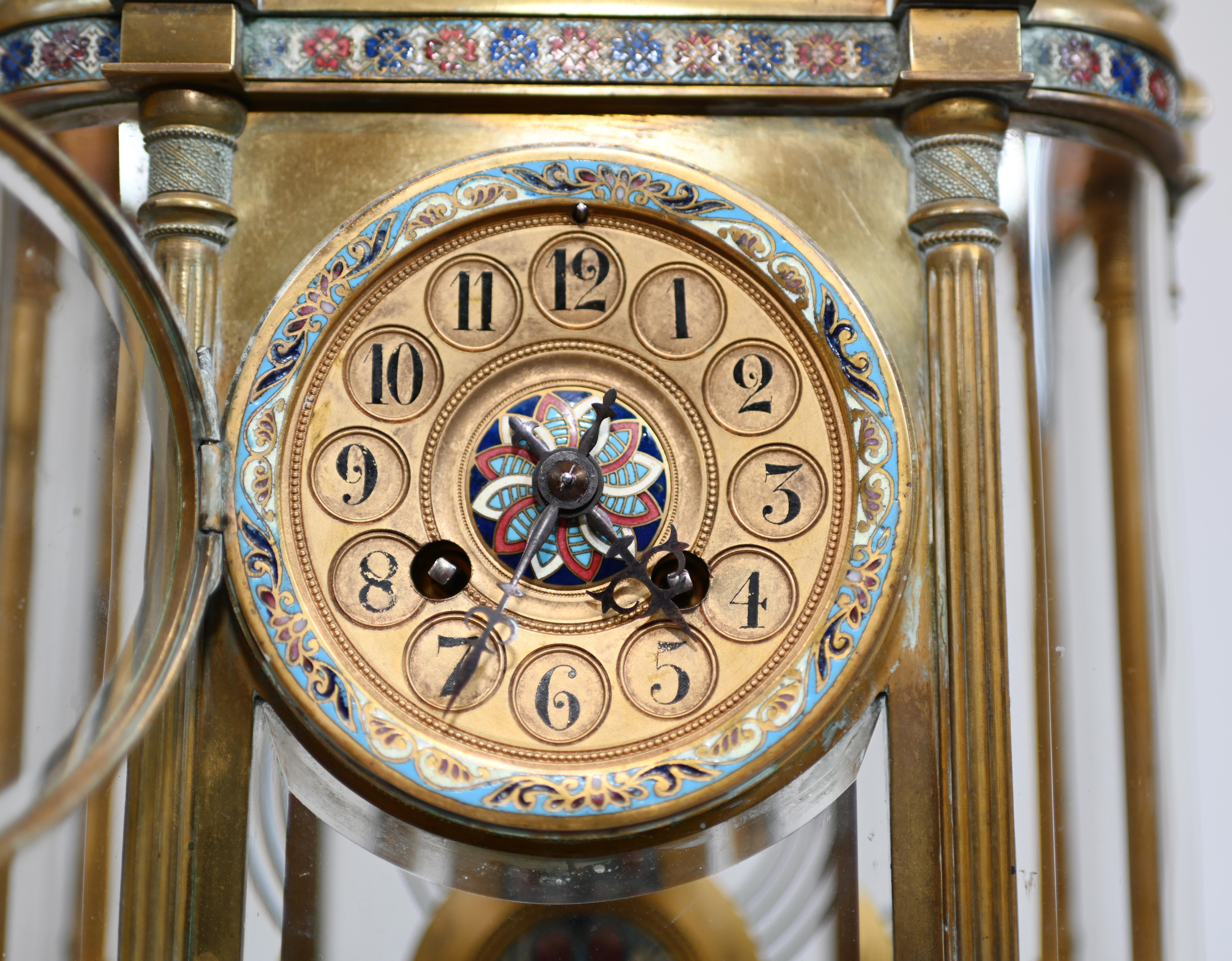 French Clock Set Garniture Champleve Antique Clocks, 1860 4