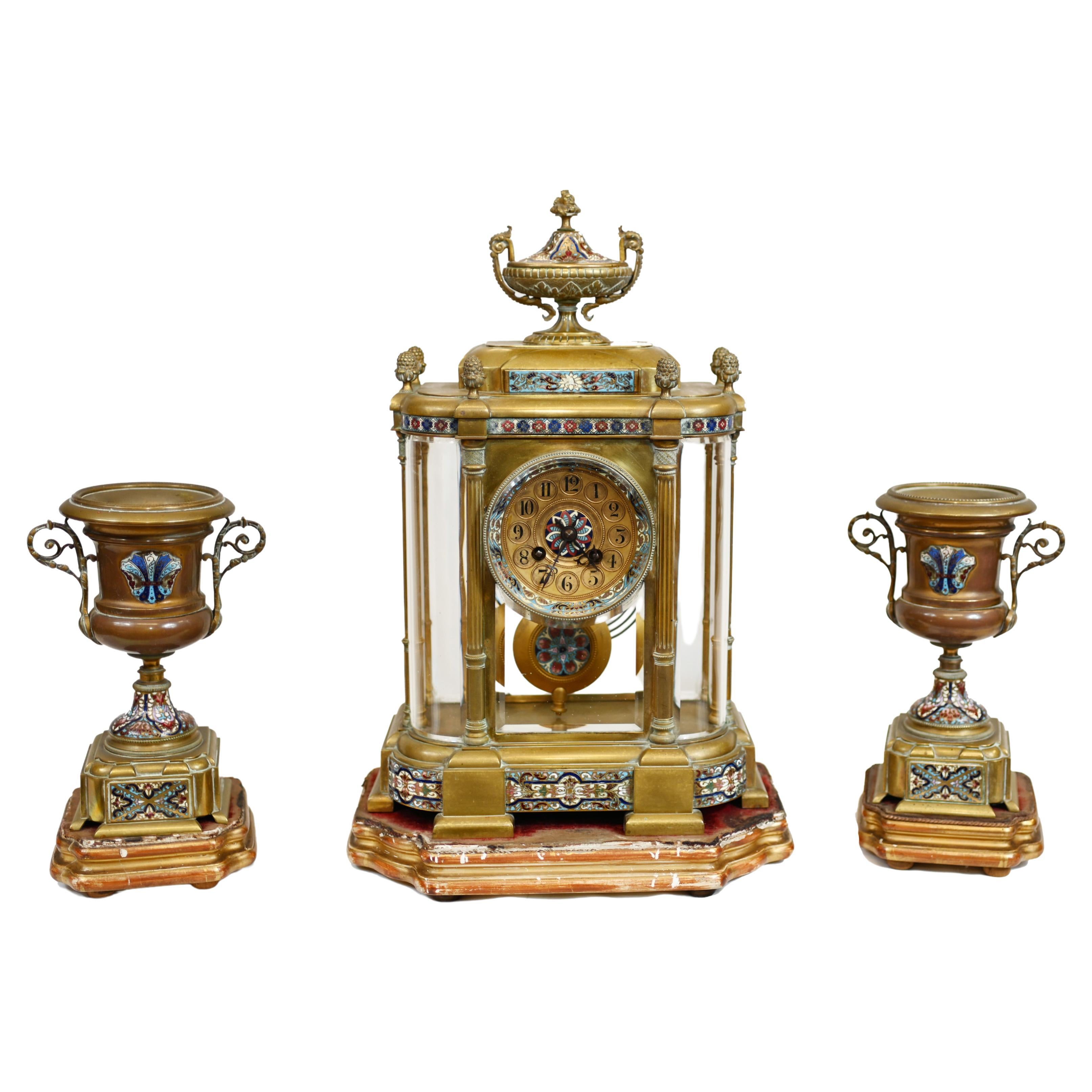 French Clock Set Garniture Champleve Antique Clocks, 1860