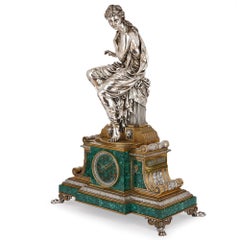 French Clock Set in Malachite, Gilt and Silvered Bronze