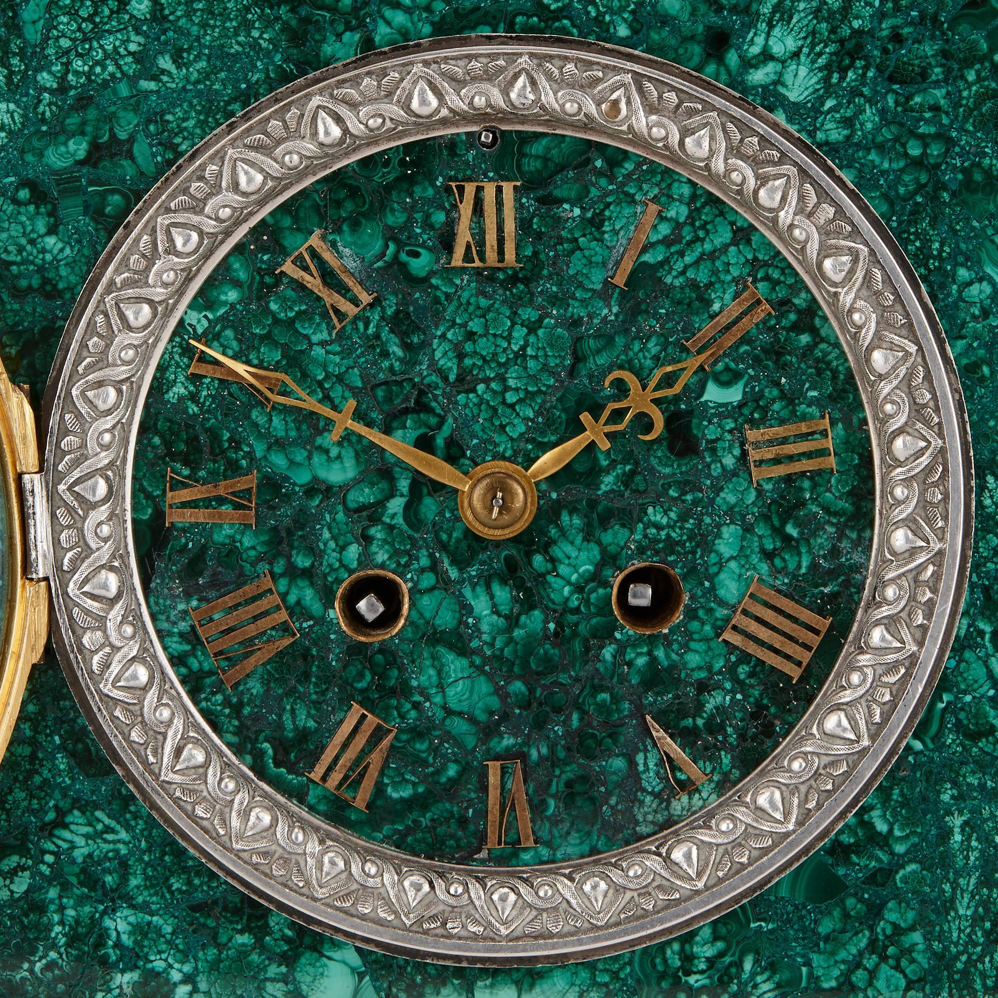 Neoclassical French Clock Set in Malachite, Gilt and Silvered Bronze