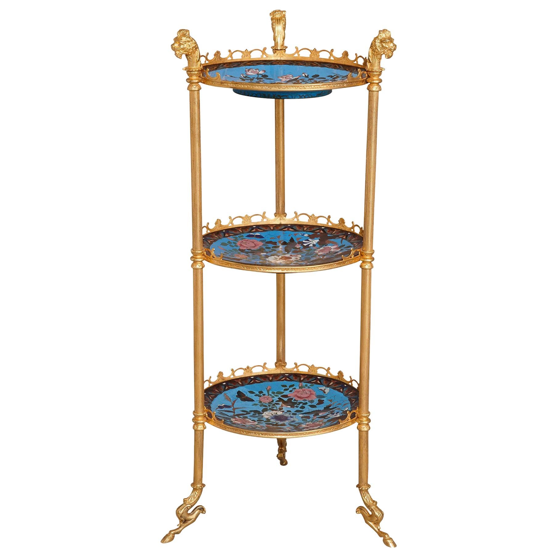 French Cloisonné Enamel and Gilt Metal Three-Shelf Tiered Table in Empire Style