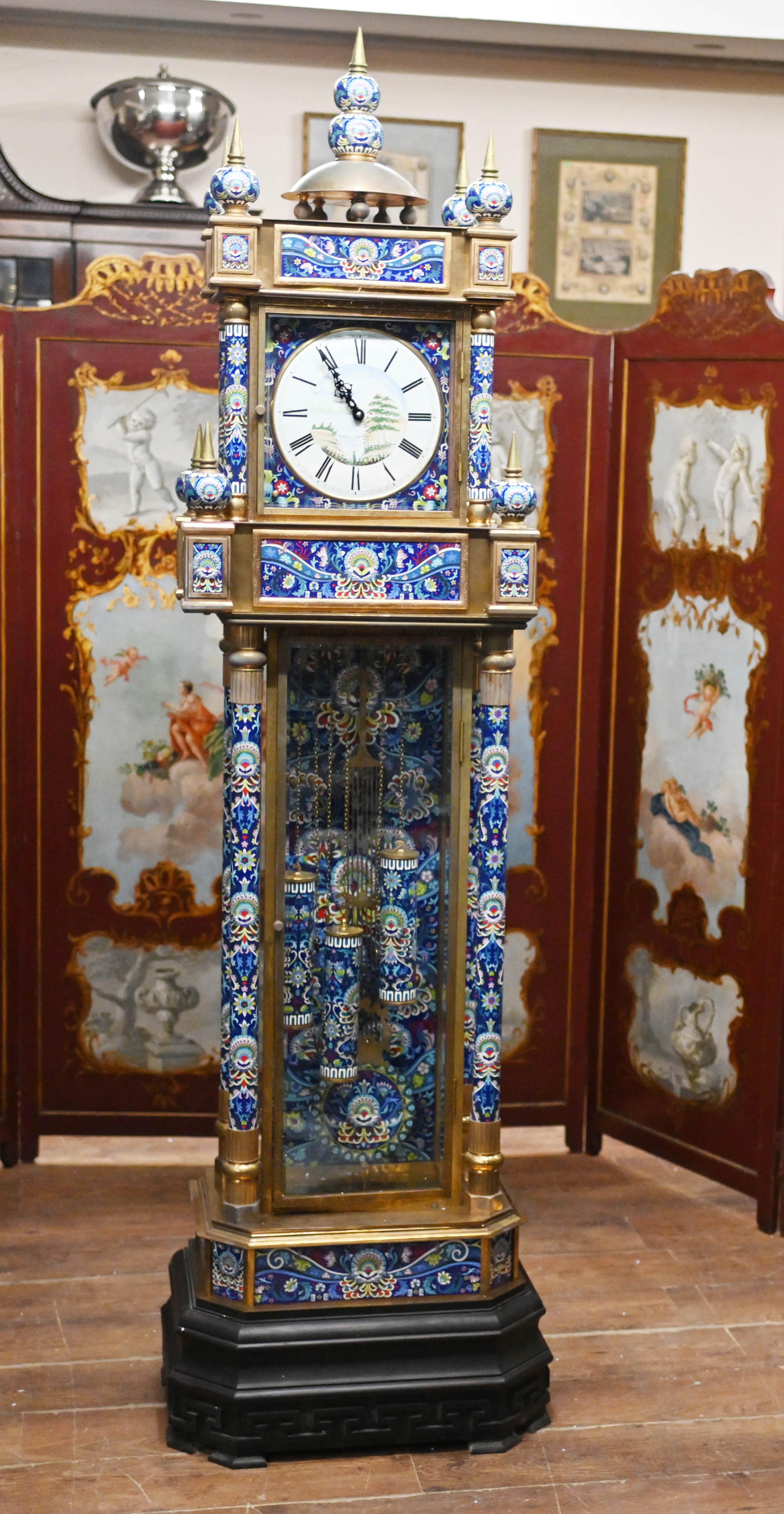 Gorgeous antique French grandfather clock which is highly decorated with Cloisonne work
Hopefully the photos will do this work of art some justice, definitely better in the flesh
Features and abundance of intricate Cloisonne work on all surfaces to