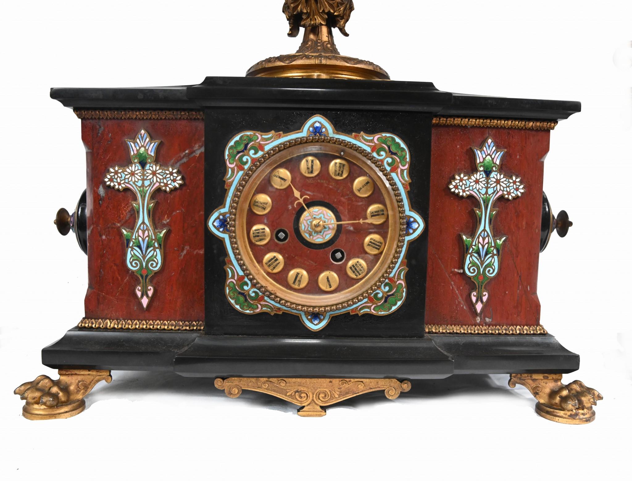 Pendule en marbre cloisonné Garniture en marbre Aesthetic Movement en vente 2