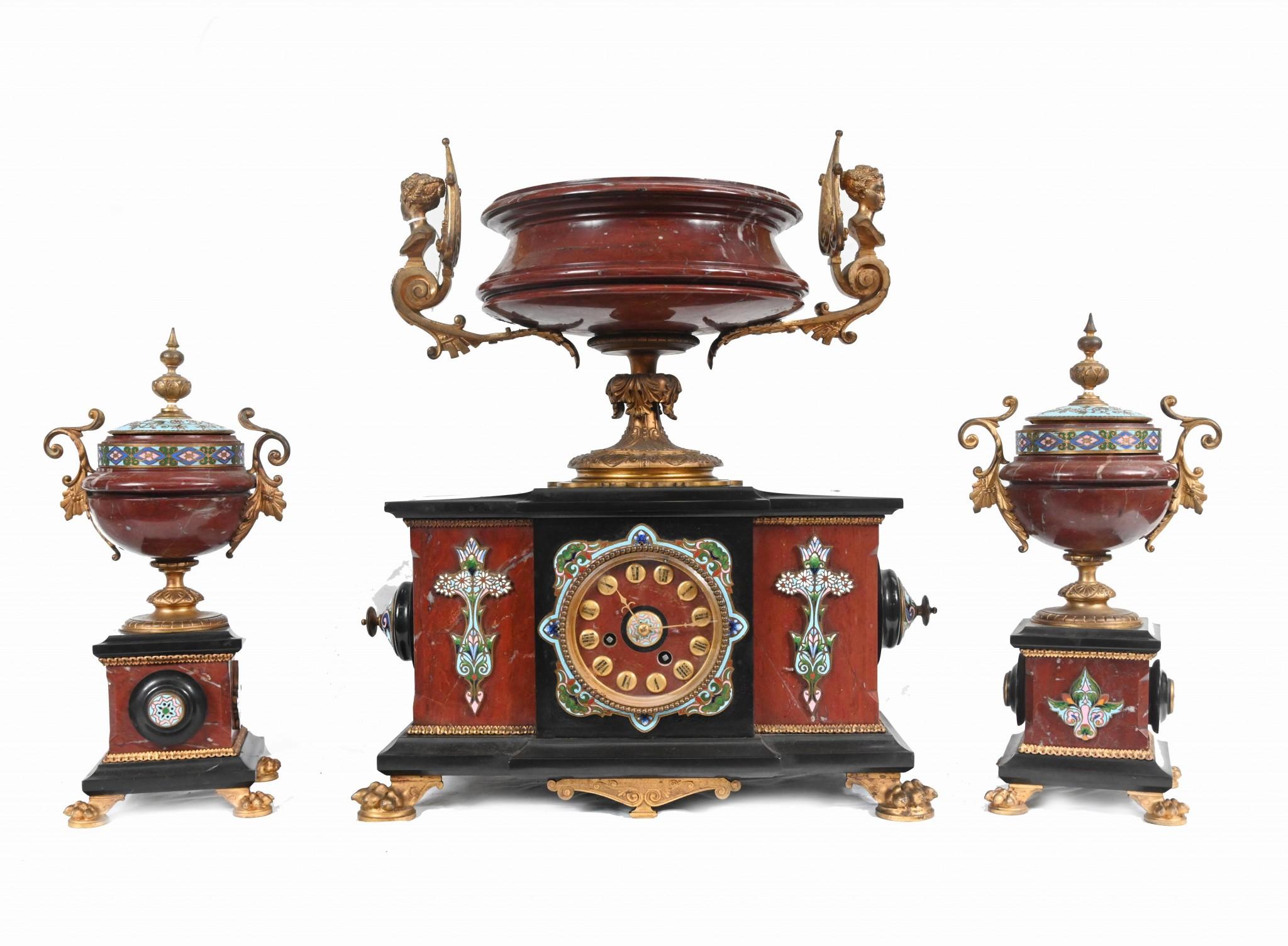 Pendule en marbre cloisonné Garniture en marbre Aesthetic Movement en vente 3