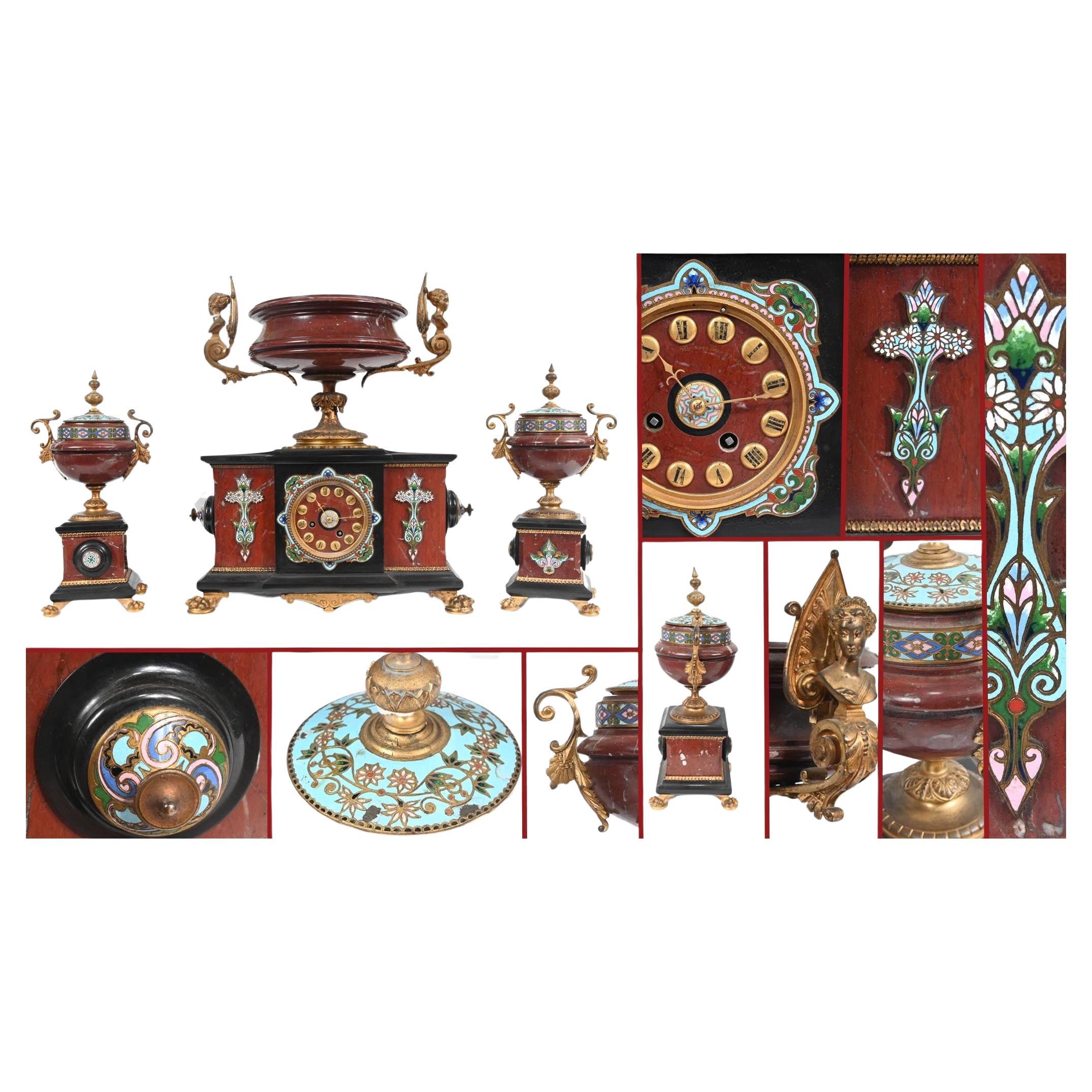 French Cloisonne Marble Clock Set Garniture Marble Aesthetic Movement