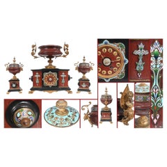 French Cloisonne Marble Clock Set Garniture Marble Aesthetic Movement