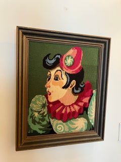 Tapiz francés de punto de aguja de payaso o bufón, moderno de mediados de siglo