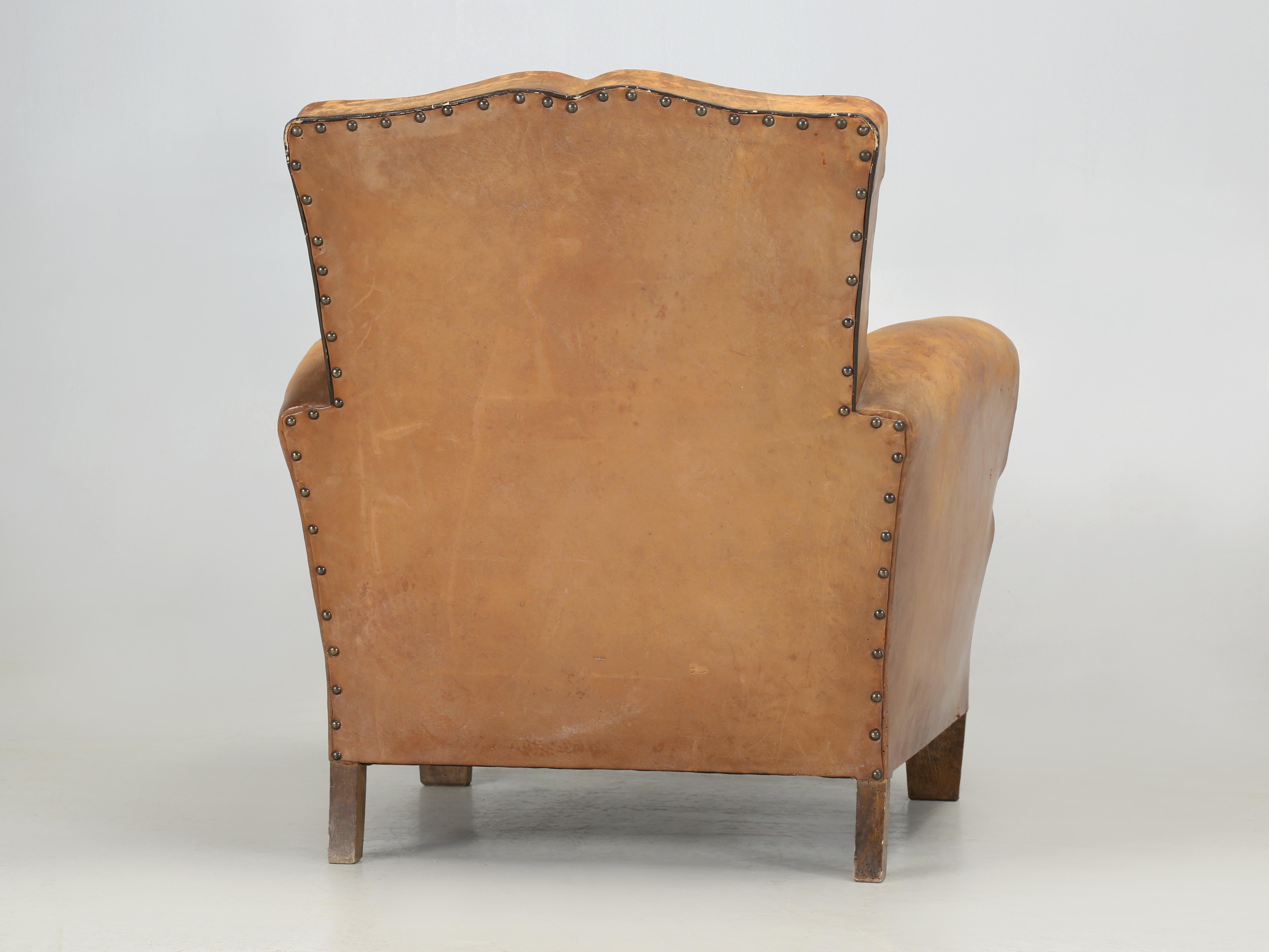 French Club Chair in Original Leather Completely Restored Horsehair Coco Fibers 8