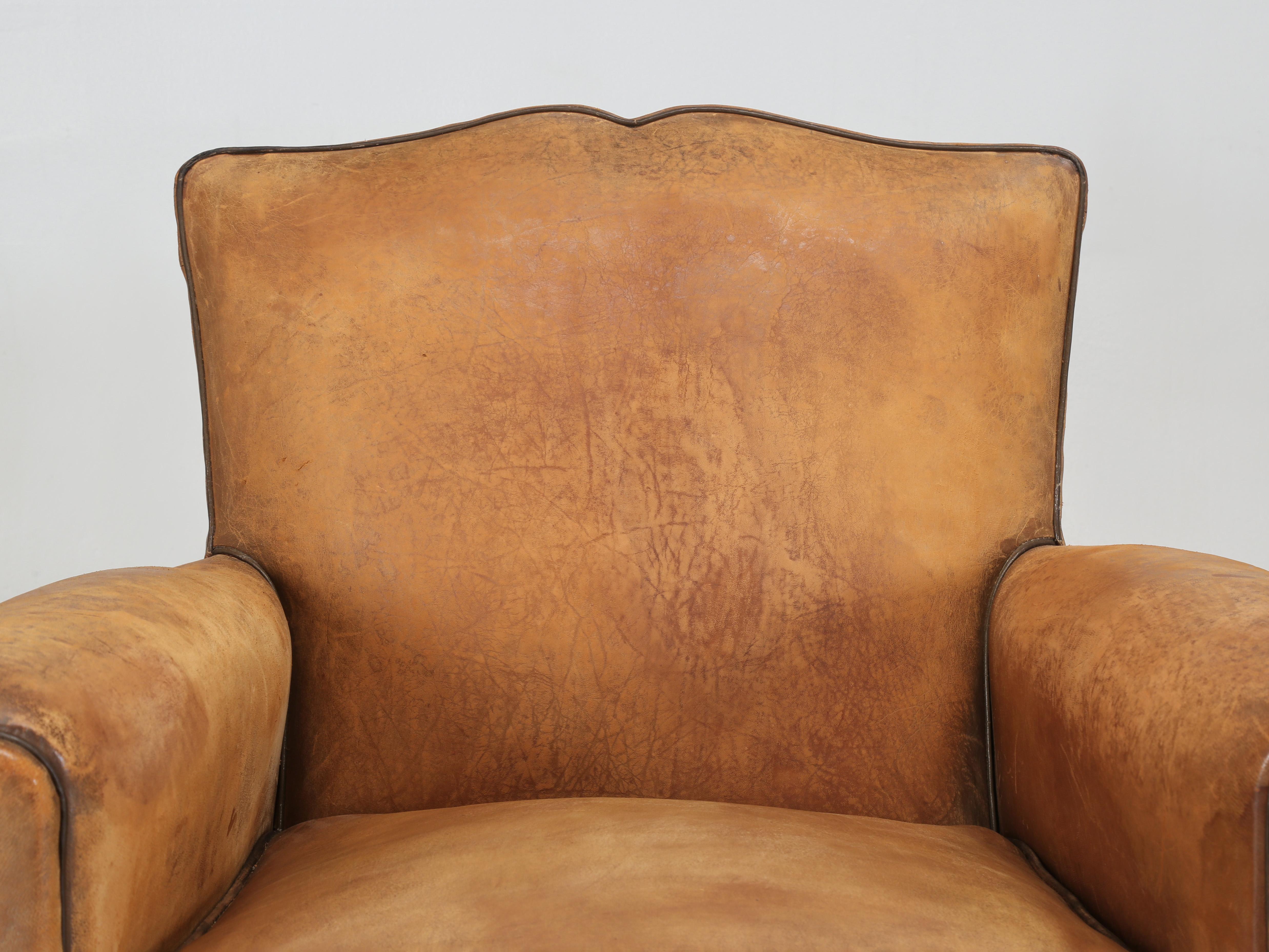 Art Deco French Club Chair in Original Leather Completely Restored Horsehair Coco Fibers