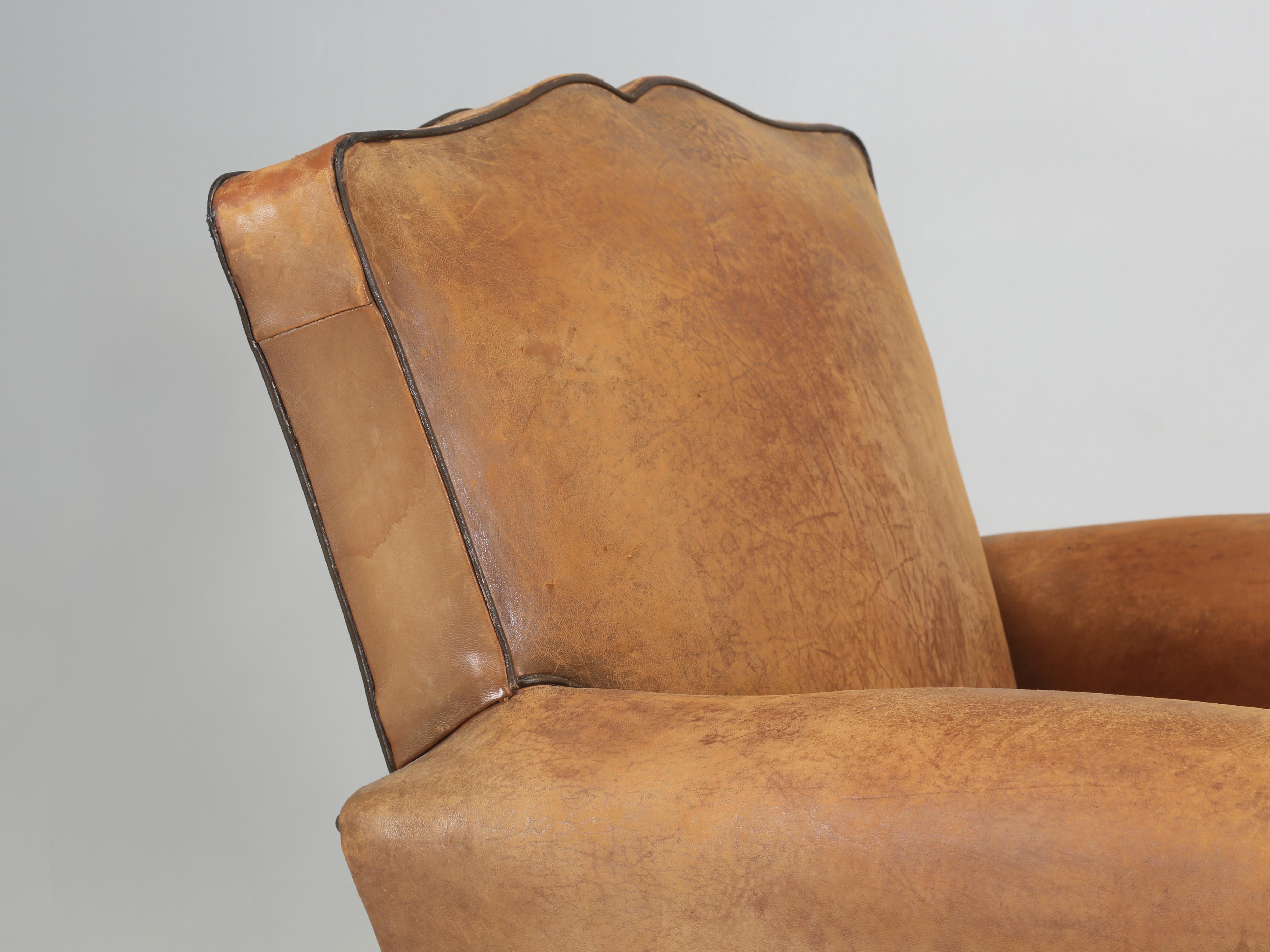 Hand-Crafted French Club Chair in Original Leather Completely Restored Horsehair Coco Fibers