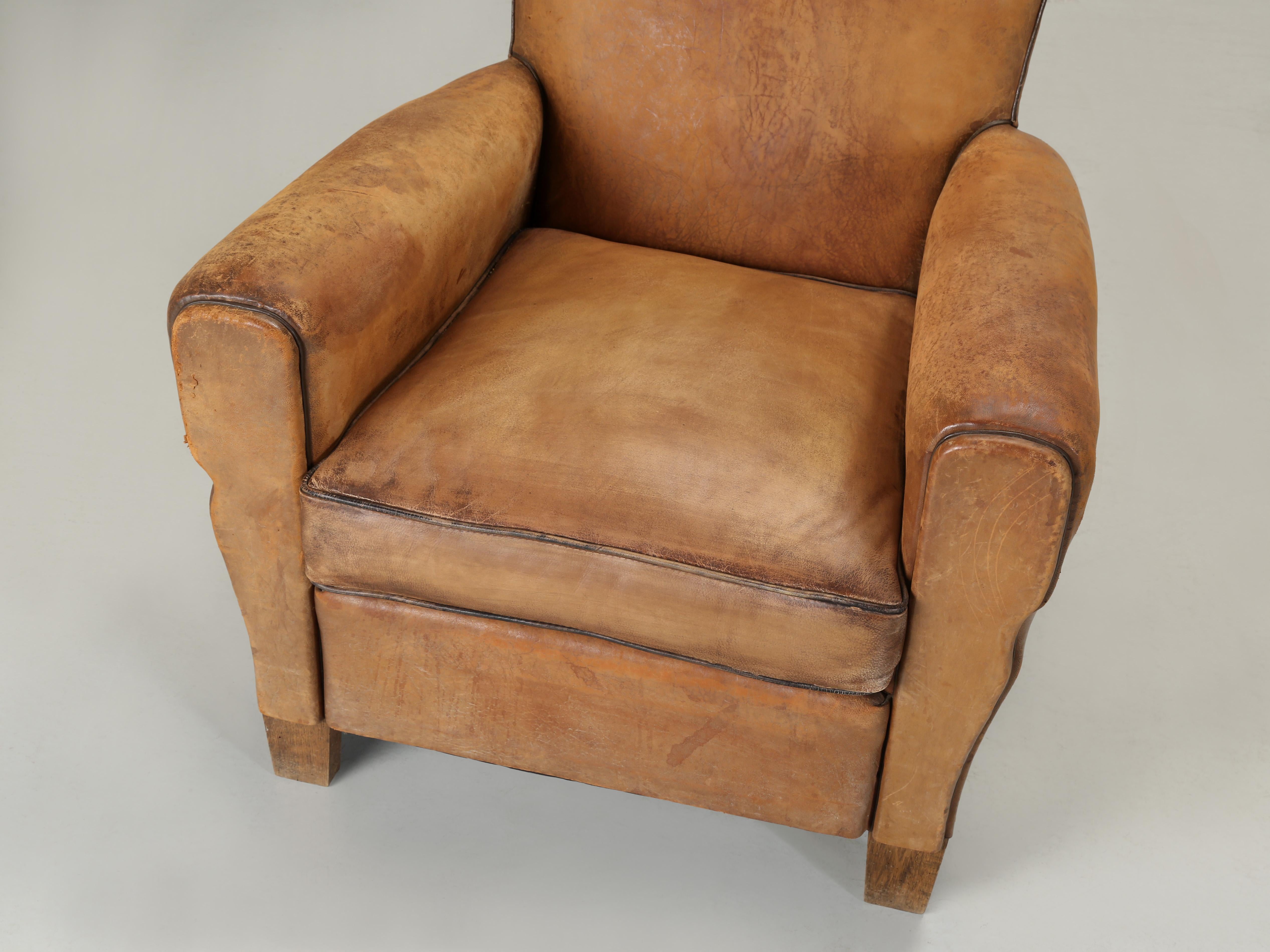 French Club Chair in Original Leather Completely Restored Horsehair Coco Fibers In Good Condition In Chicago, IL