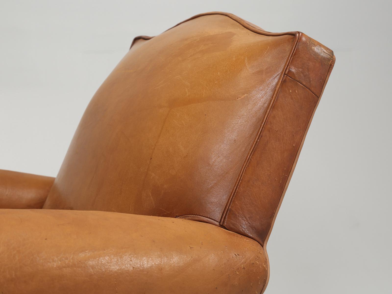 Art Deco French Club Chair in Original Leather Correctly Restored with Horsehair and Coco