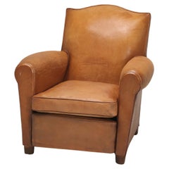 Vintage French Club Chair in Original Leather Correctly Restored with Horsehair and Coco