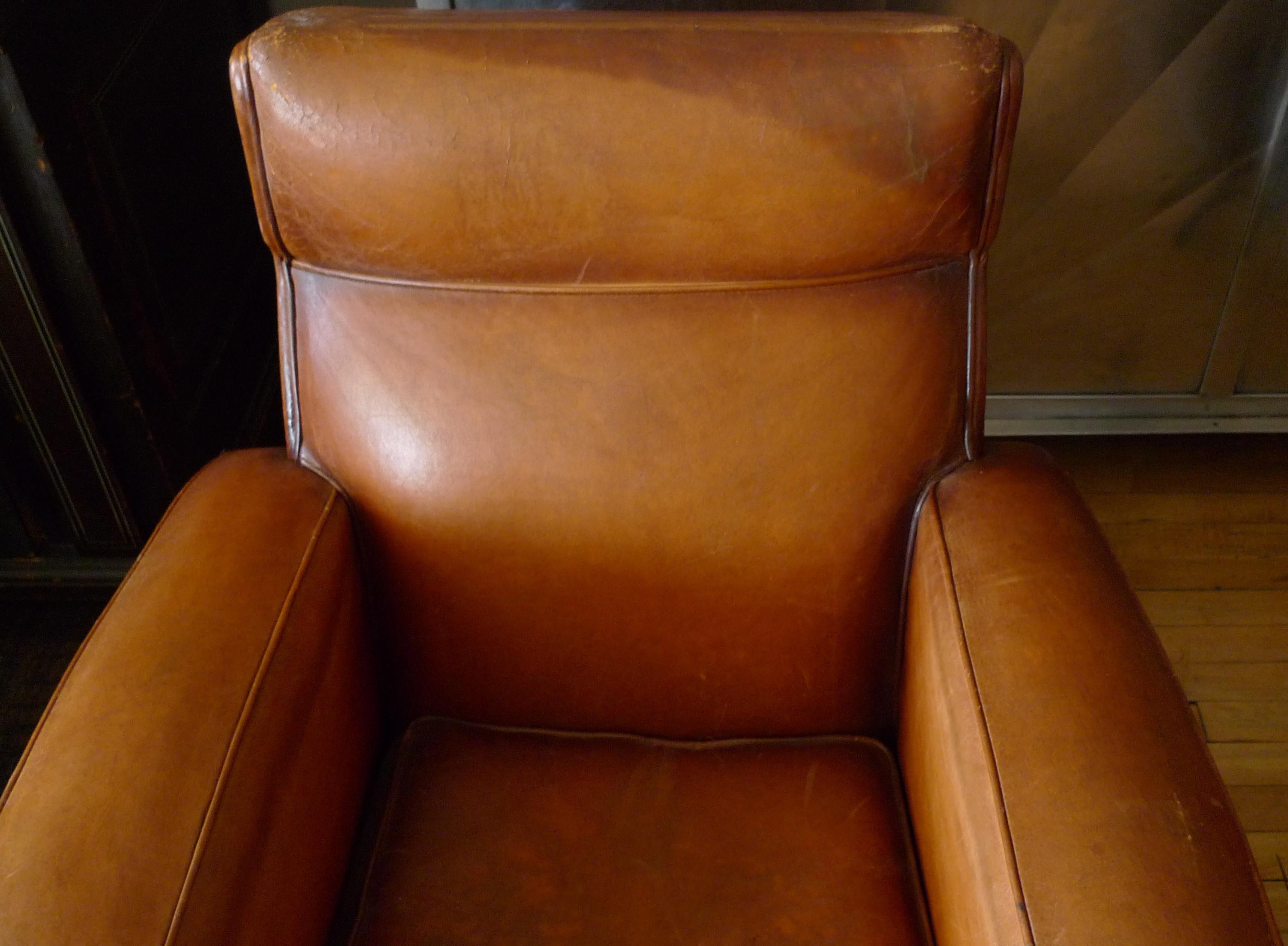 French Club Chair of Brown Leather, circa 1930s. In Good Condition For Sale In Madison, WI