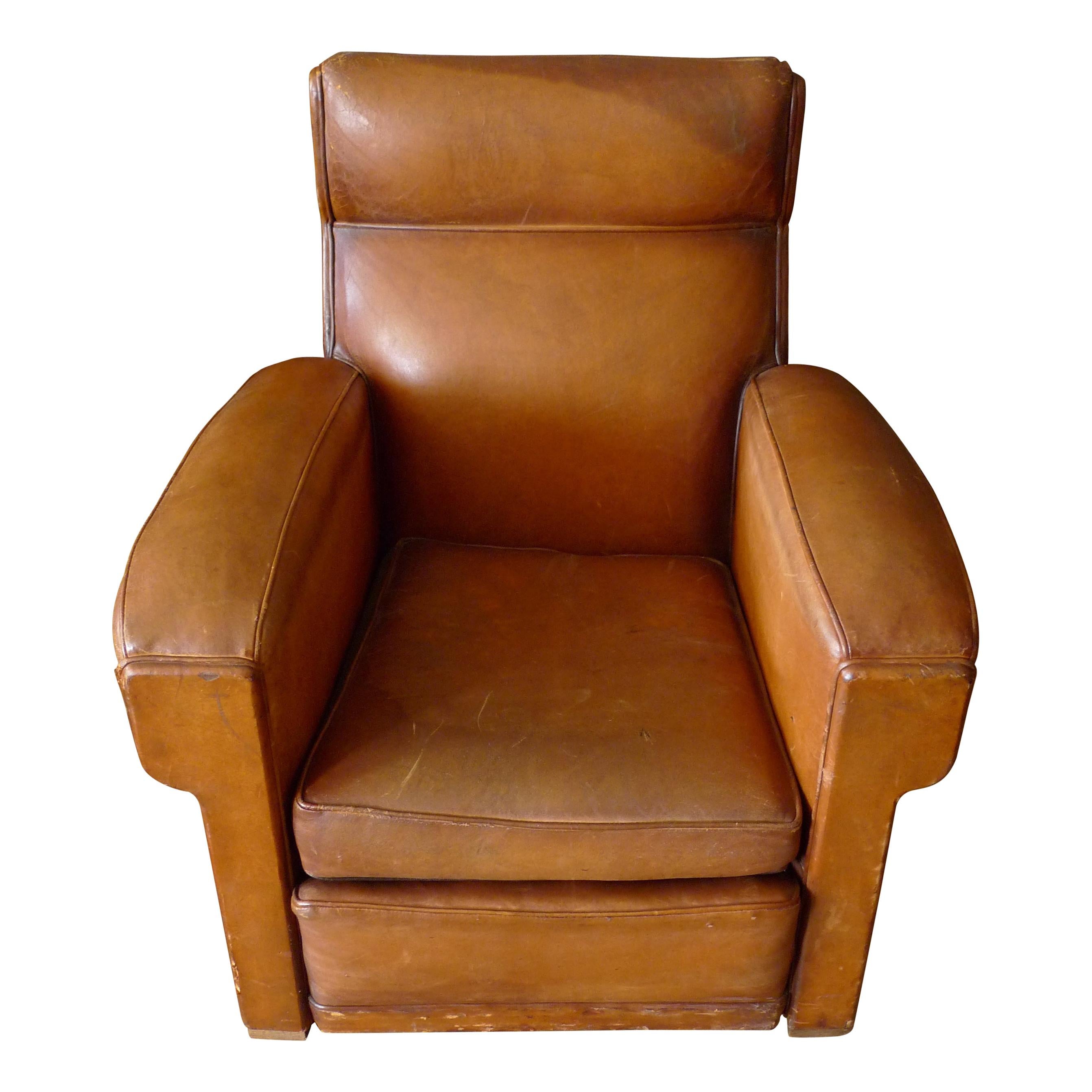 French Club Chair of Brown Leather, circa 1930s. For Sale