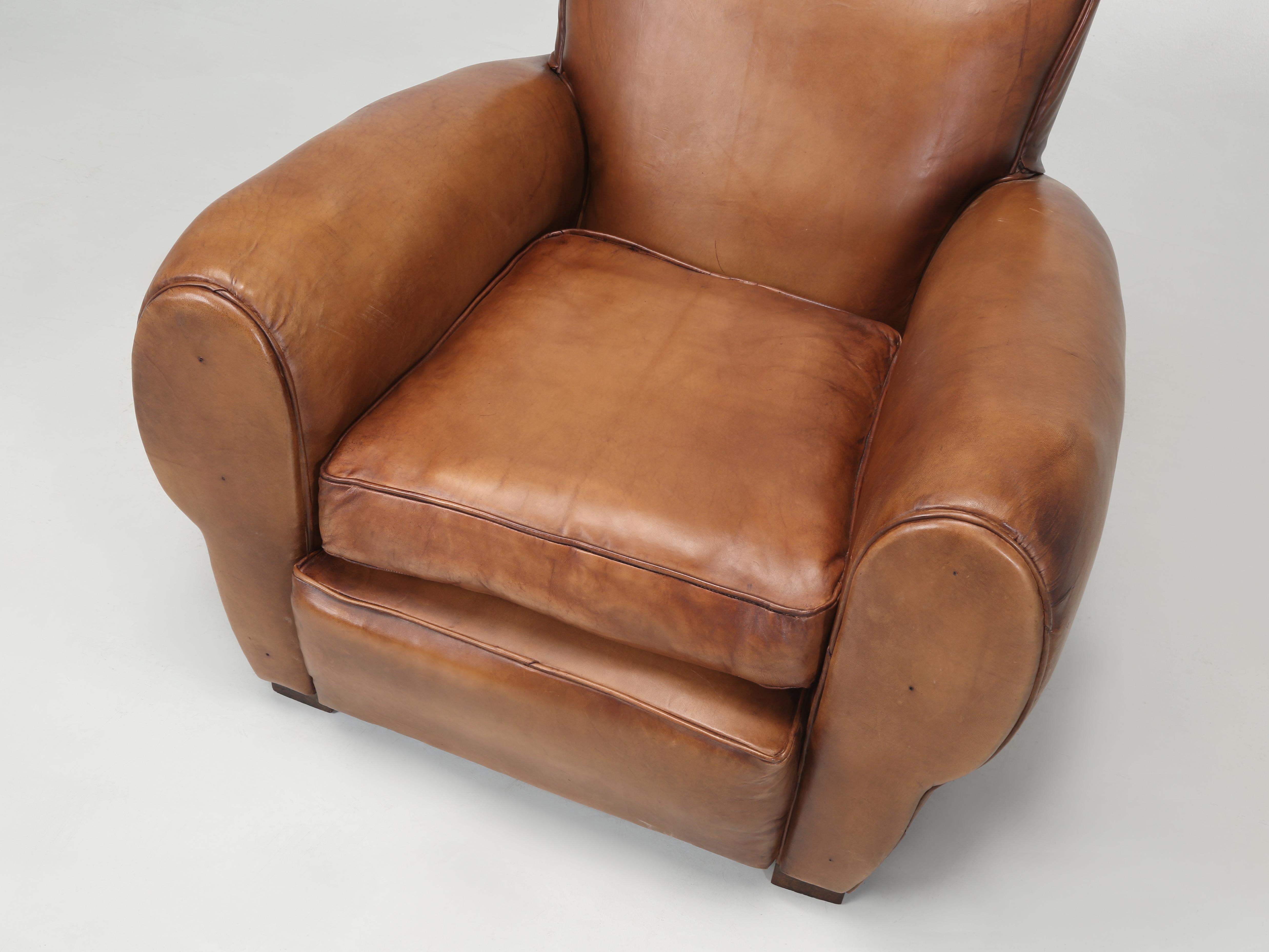 French Club Chair Restored in France New Leather. Matching Pair Available c1930s In Good Condition For Sale In Chicago, IL