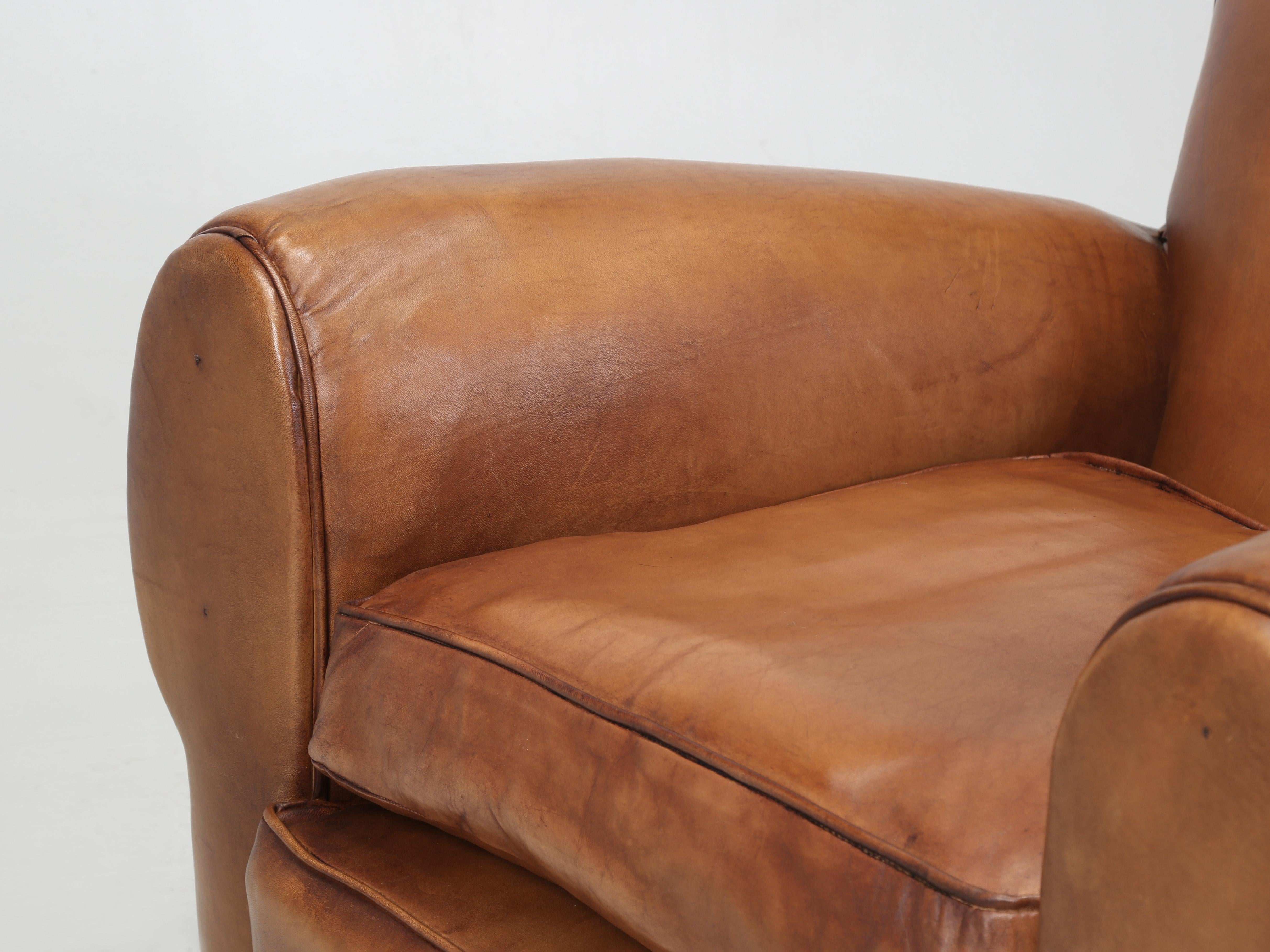 French Club Chair Restored in France New Leather. Matching Pair Available c1930s For Sale 1