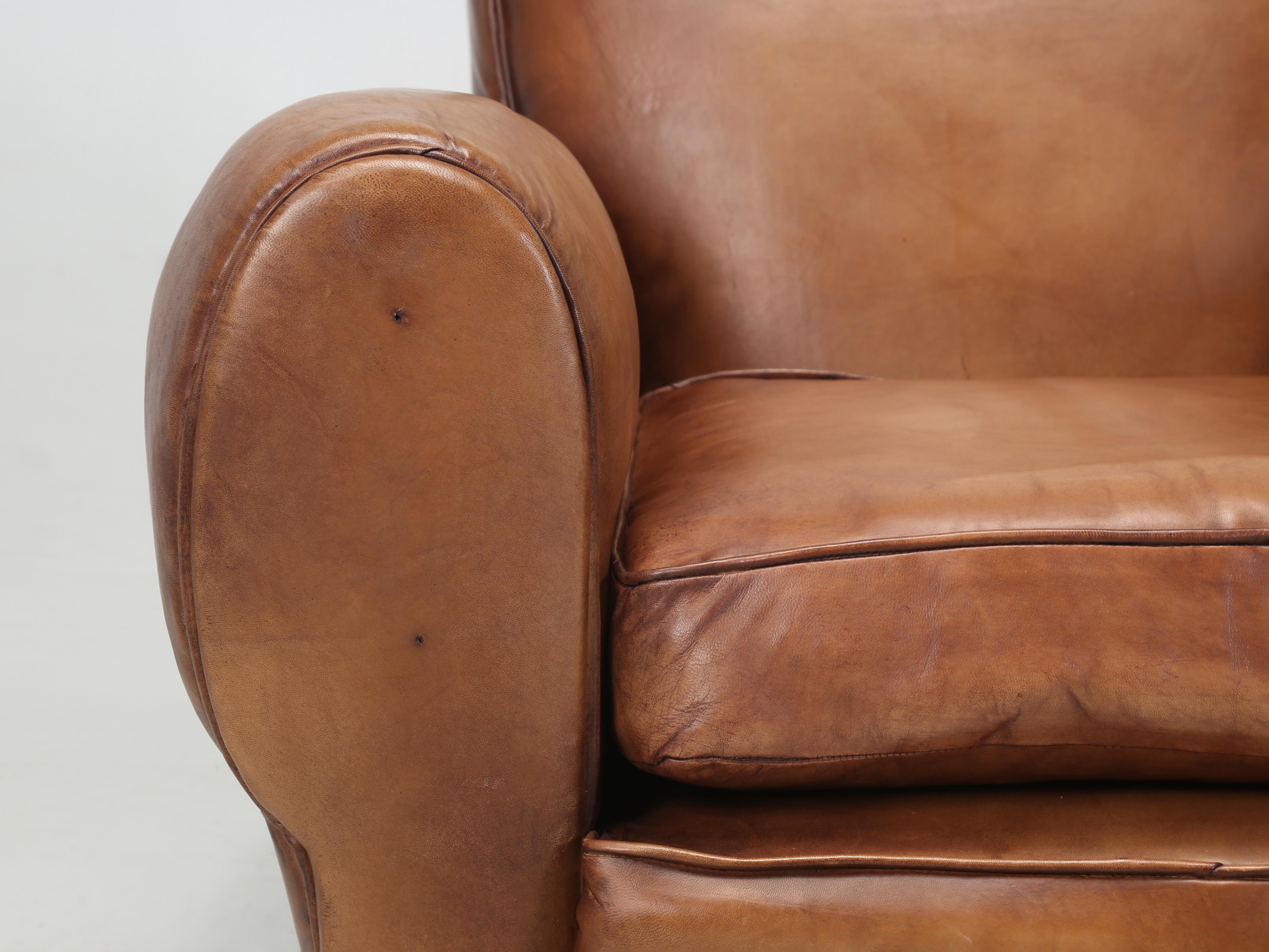 French Club Chair Restored in France New Leather. Matching Pair Available c1930s For Sale 3