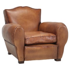Used French Club Chair Restored in France New Leather. Matching Pair Available c1930s