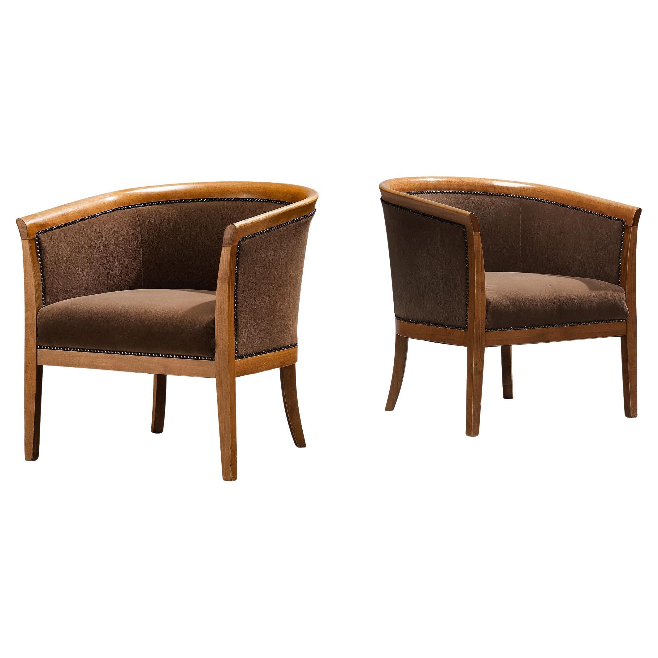 French Club Chairs in Brown Upholstery 