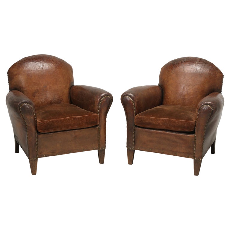 French Club Chairs in Original Leather and Restored Internally with