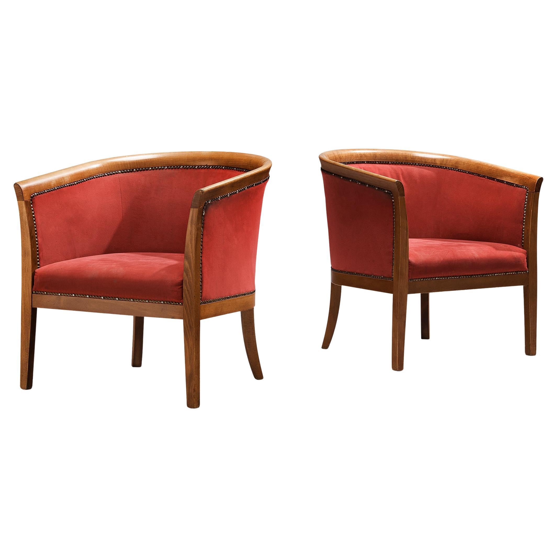 French Club Chairs in Red Upholstery 