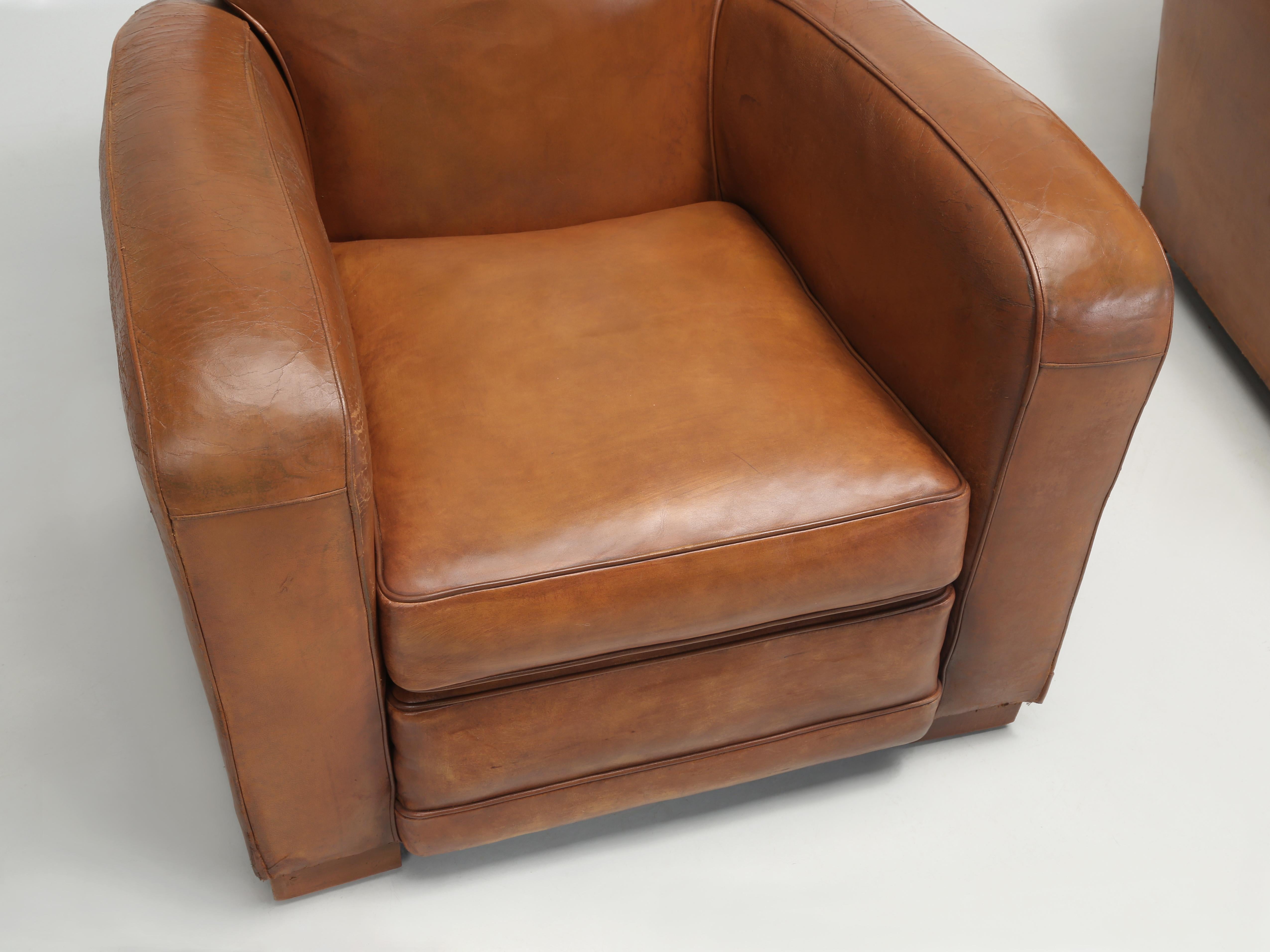 Mid-20th Century French Club Chairs Original Leather Completely Restored Internally in Horsehair