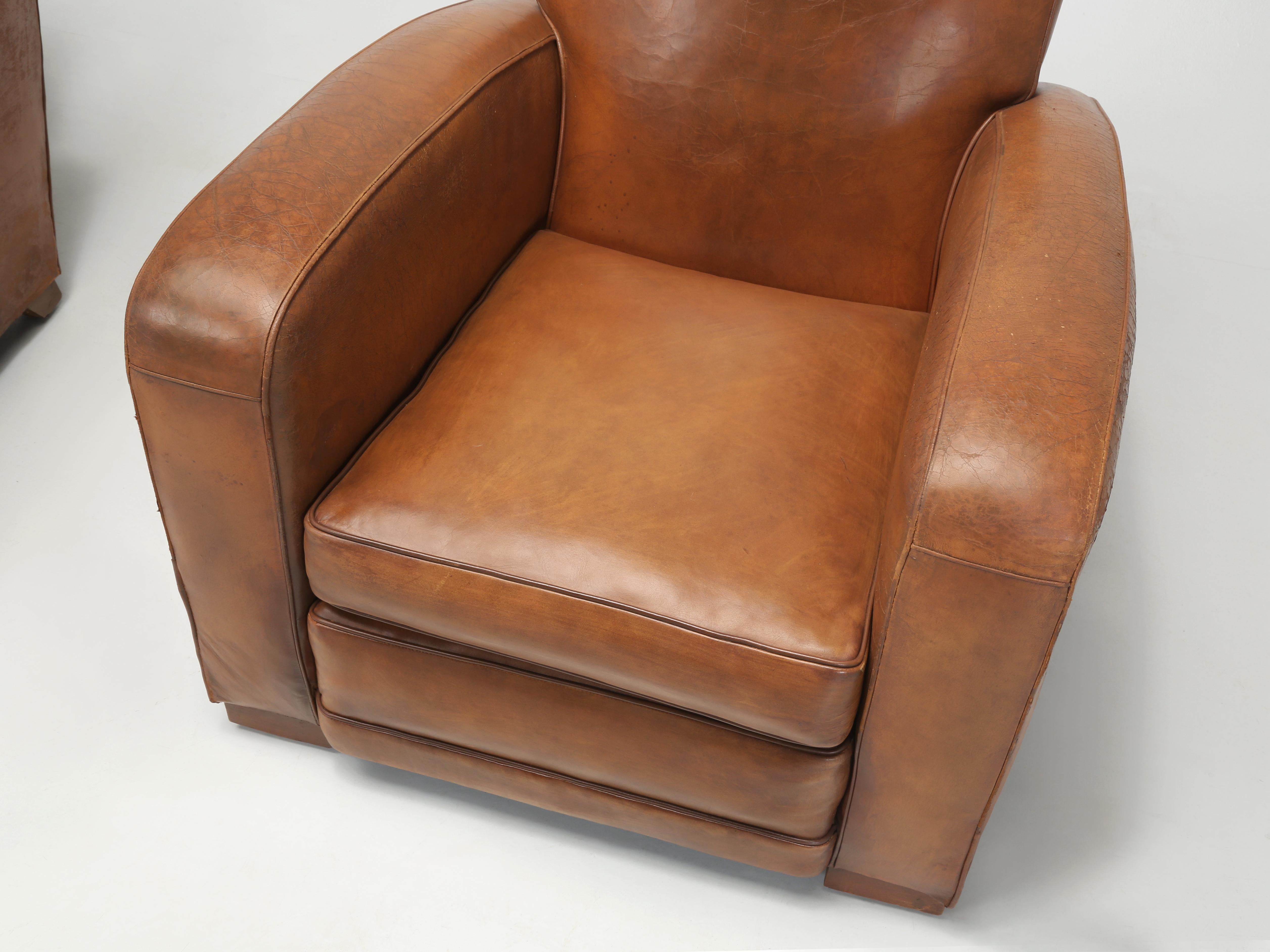 French Club Chairs Original Leather Completely Restored Internally in Horsehair 1